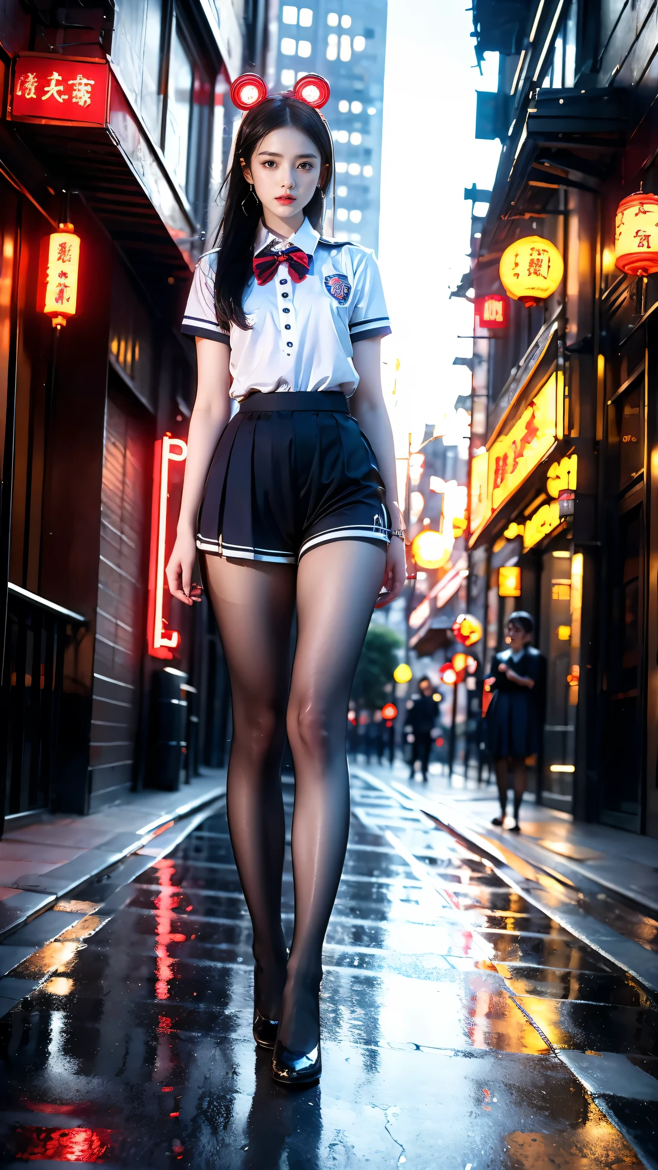 Masterpiece,Best quality,A high resolution, 1girll,From below,(Very thin and straight legs),,(Very long legs,Straight legs),,High heels,long leges,standing on your feet, Long legs as seen from the front, Perfect body,with perfect legs,(exteriors),full bodyesbian,cyber punk perssonage,dynamicposes,1girll,Elaborate Eyes,Brown eyes,eye shadows,putting makeup on,long whitr hair, Detailed face, Detailed eyes, looking at viewert, blusher\(putting makeup on\), full pouty lips, Redlip,(long whitr hair:1.3), (standing on your feet)Mechanically static,Mechanical summoning,(hair adornments:1.1),head gear,((((red school uniform,Ultra shorts)))),(black lence stockings),City,Luminescent windings,,Cyberpunk lights:1.1),neonlight,Fully mechanical and futuristic elements,technologies,The background is a traditional Chinese street,china town, the street, Skysky, cyber punk perssonage, paper lanterns, Neon Super Resolution,(Realism:1.3),1(Slim:1.2),dramatic lights,vibrant detail,Luxurious cyberpunk,the complex background,rendering by octane,