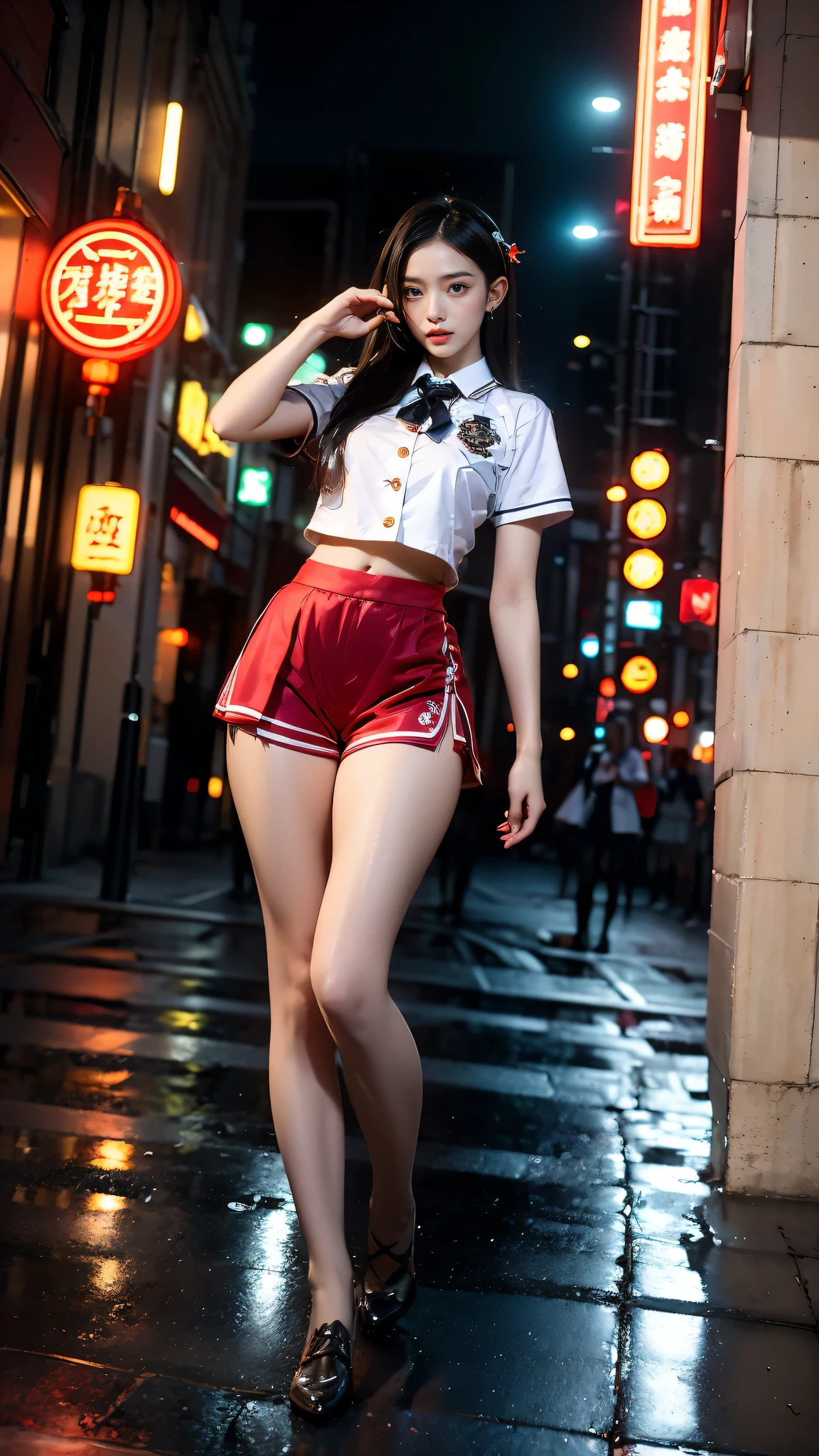Masterpiece,Best quality,A high resolution, 1girll,From below,(Very thin and straight legs),,(Very long legs,Straight legs),,High heels,long leges,standing on your feet, Long legs as seen from the front, Perfect body,with perfect legs,(exteriors),full bodyesbian,cyber punk perssonage,dynamicposes,1girll,Elaborate Eyes,Brown eyes,eye shadows,putting makeup on,long whitr hair, Detailed face, Detailed eyes, looking at viewert, blusher\(putting makeup on\), full pouty lips, Redlip,(long whitr hair:1.3), (standing on your feet)Mechanically static,Mechanical summoning,(hair adornments:1.1),head gear,((((red school uniform,Ultra shorts)))),(black lence stockings),City,Luminescent windings,,Cyberpunk lights:1.1),neonlight,Fully mechanical and futuristic elements,technologies,The background is a traditional Chinese street,china town, the street, Skysky, cyber punk perssonage, paper lanterns, Neon Super Resolution,(Realism:1.3),1(Slim:1.2),dramatic lights,vibrant detail,Luxurious cyberpunk,the complex background,rendering by octane,