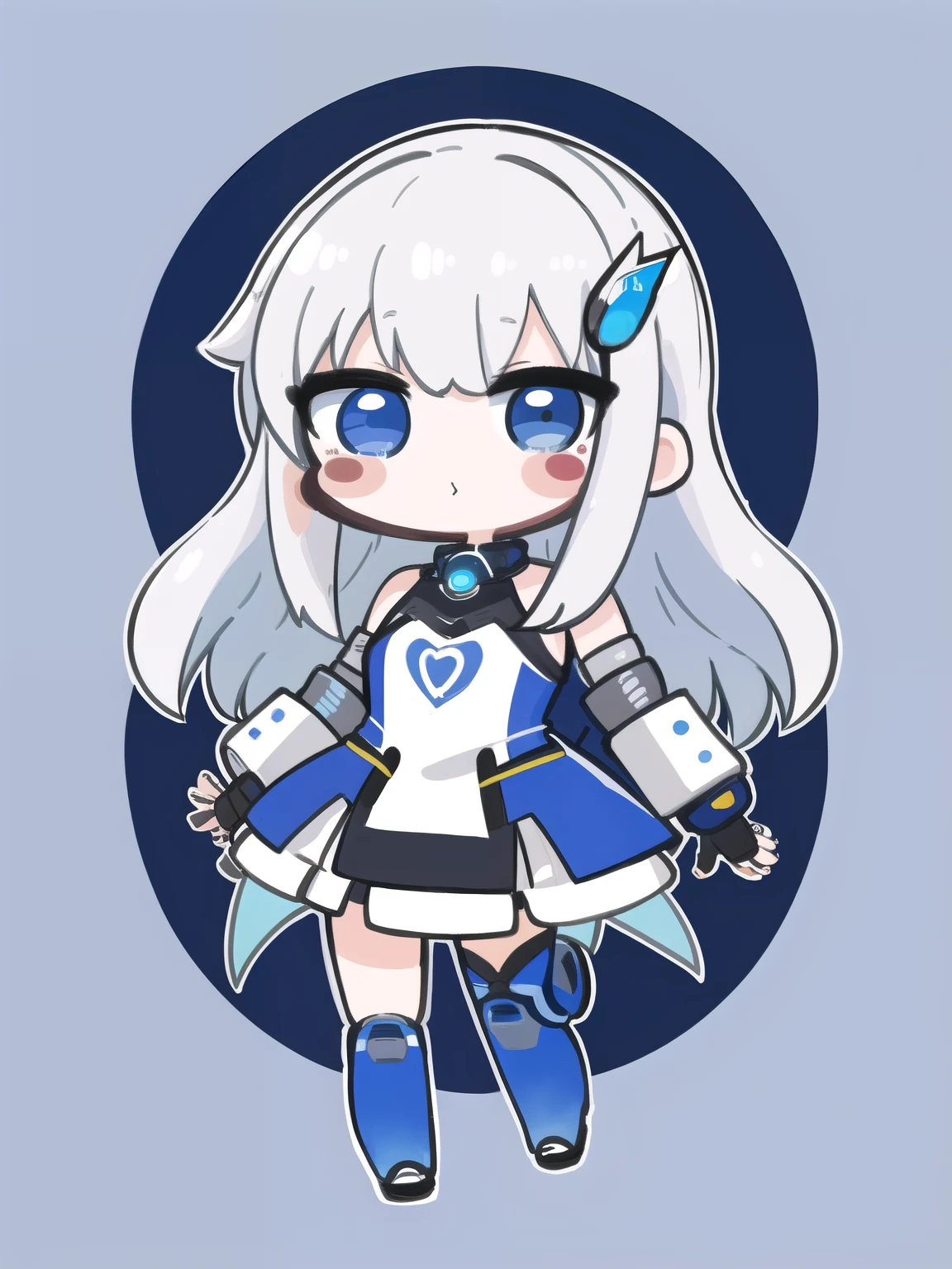 masterpiece, 1 white hair girl, internet explorer-chan, best quality, highly detailed, nozochibi, 1girl, solo, blush stickers, (chibi:1.4), simple background, full body, frieren, long hair, cyberpunk dress, happy pose, cute girl with ehite hair and blue eyes, cyberpunk style girl, simple background
