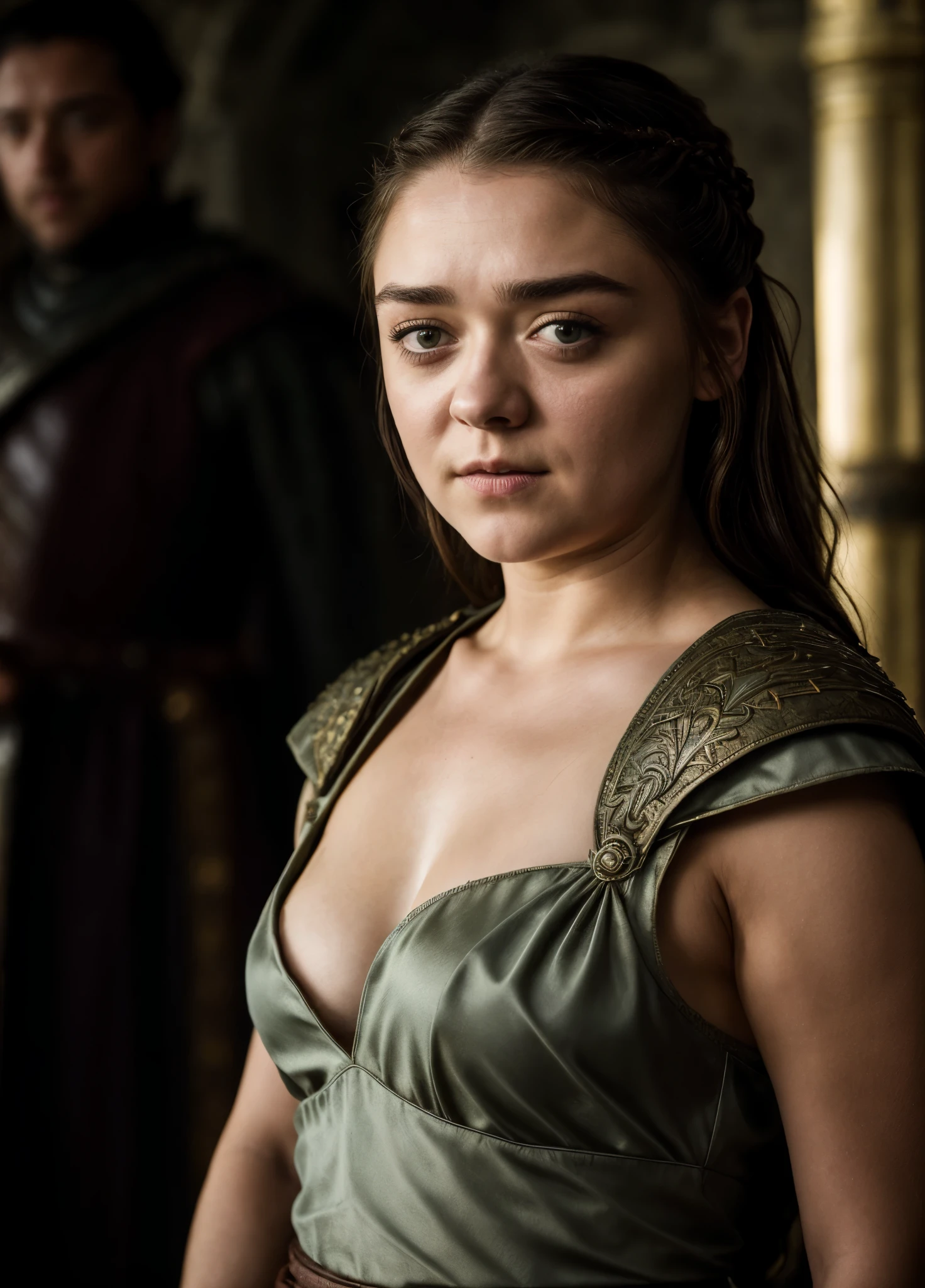 Foto RAW, Arya Stark, Extremely gorgeous lady, Arya Stark PLAYED BY MAISIE WILLIAMS, Queen Arya Stark, she a mature woman now, milf, sexy mediaeval battle dress, gladiator woman, body, 40 years old Woman, body revealing costumes, perky breast, skin pores, big natural breast, erotic costumes, lusty physique, seductive figure can capture every people's attention, Game of thrones costumes, revealing captivating figure, Mediaeval costumes, revealing clothes, A tomboy, she would rather fence than dance, warrior queen , game of thrones screen caps, Game of Thrones Series, (pele altamente detalhada: 1.2), 8k UHD, DSLR, soft-lighting, alta qualidade, grain of film, Fujifilm XT3, flawless picture, highly detailed, detailed Beauty, intricate, 32k, sharp picture, showing her beautiful armpits,