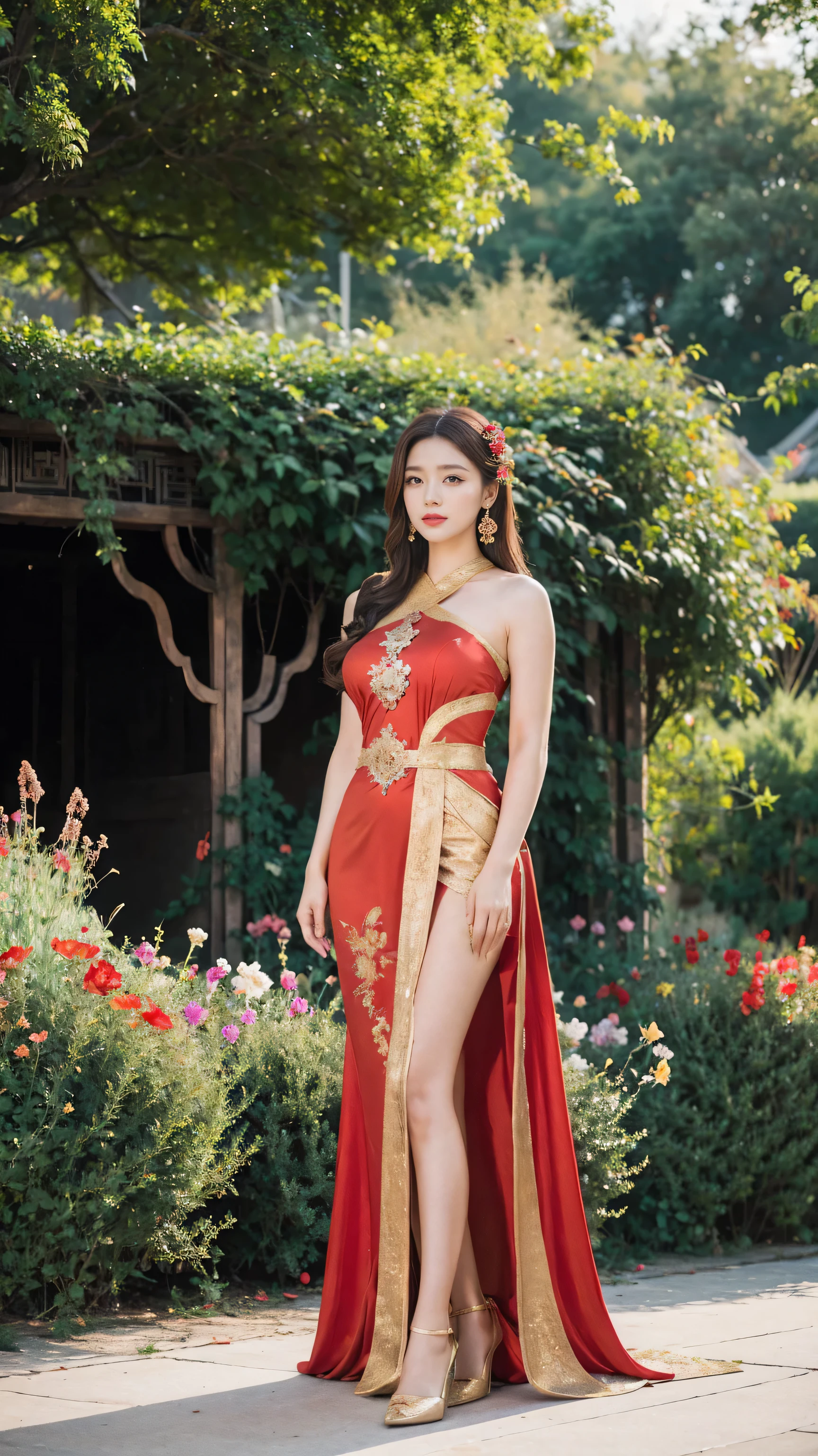 full body photo remote photography detailed face, Clear face, beautiful girl, Asian makeup, red lips, brown hair, crown, Medium body, big breasts, Thai angel costume, ancient, tight sexy outfit, red dress, high resolution, The body is full of, evening light, flower garden background.