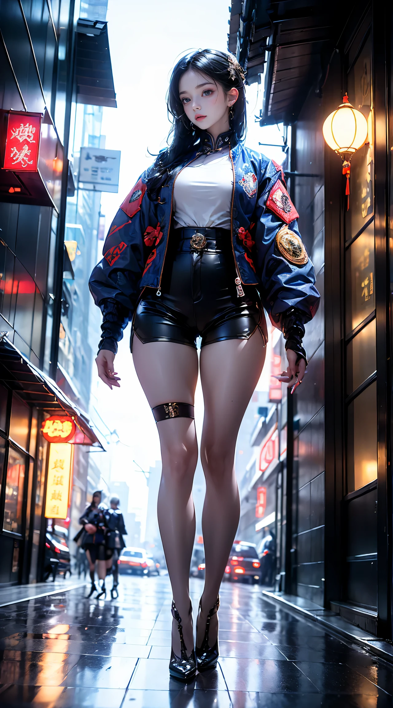 Masterpiece,Best quality,A high resolution, 1girll,From below,(Very thin and straight legs),,(Very long legs,Straight legs),,High heels,long leges,standing on your feet, Long legs as seen from the front, Perfect body,with perfect legs,(exteriors),full bodyesbian,cyber punk perssonage,dynamicposes,1girll,Elaborate Eyes,Brown eyes,eye shadows,putting makeup on,long whitr hair, Detailed face, Detailed eyes, looking at viewert, blusher\(putting makeup on\), full pouty lips, Redlip,(long whitr hair:1.3), (standing on your feet)Mechanically static,Mechanical summoning,(hair adornments:1.1),head gear,((((Short blue jacket,Ultra shorts)))),(black lence stockings,Stocking suspenders),City,Luminescent windings,With a long sword in his hand,arma,Cyberpunk lights:1.1),neonlight,Fully mechanical and futuristic elements,technologies,The background is a traditional Chinese street,china town, the street, Skysky, cyber punk perssonage, paper lanterns, Neon Super Resolution,(Realism:1.3),1(Slim:1.2),dramatic lights,vibrant detail,Luxurious cyberpunk,the complex background,rendering by octane,
