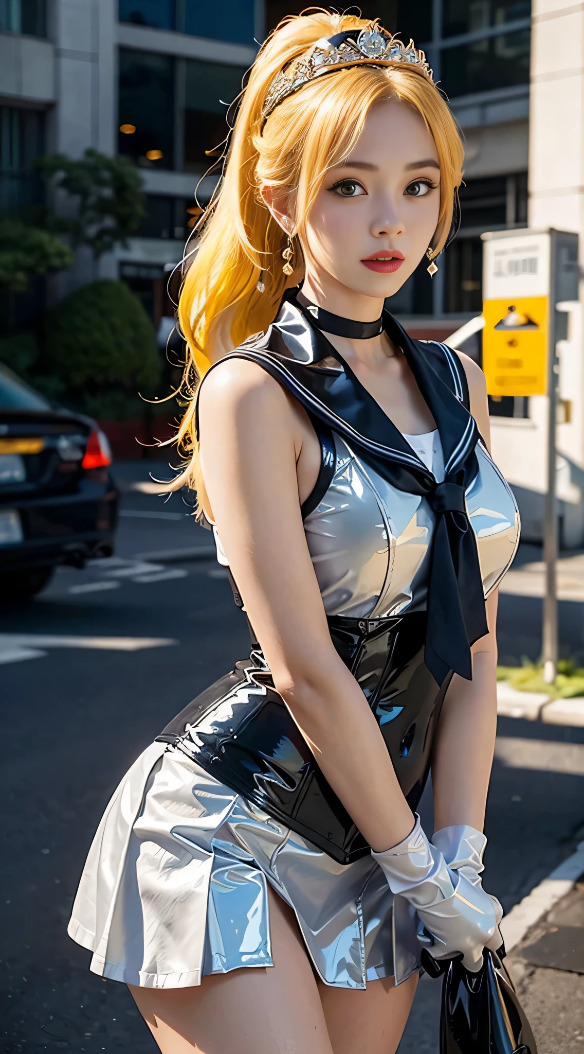 ((masterpiece:1.4)、(highest quality:1.4)、(realistic:1.7))、masterpiece:1.4、(Finest rendering:1.4)、beautiful girl、(beautiful girl戦士セーラームーン:1.4)、moon野うさぎ、body fit sexy sailor senshi uniform、(shiny latex:1.4)、(The jacket is a white sleeveless sailor uniform.....)、(Skirt Blue Sexy Ultra Ultra Pleated Mini Skirt)、There are two thin blue lines on the collar of the sailor uniform.................、high leg swimsuit、red cloth decoration on the chest、(wearing white gloves)、pretty girl、super beautiful、sharp focus、portrait photography:1.4、8k、realistic photo images:1.4、(perfect female body:1.4)、perfect proportions、(Upper body shot:1.4)、beautiful face、beautiful eyes、tight waist、(9等身大スタイルのbeautiful girl)、(足が長くスタイルの良いbeautiful girl:1.4)、beautiful feet、(yellow hair:1.4)、(long hair:1.2)、(ponytail:1.2)、beautiful breasts、big breasts:1.2、sexy ass、RAW photo、red lips、red high heels:1.4、choker:1.4、necklace:1.4、earrings:1.4、luxurious golden tiara:1.4、1 screen display、moon、universe、universe船、universeステーション、city of the future