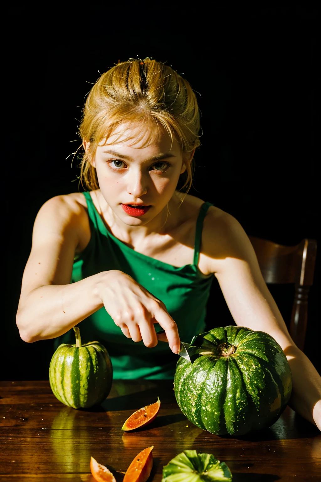 In the dimly lit room, a green melon (🥒) sits innocently on the table. Suddenly, the darkness is pierced by the eerie glow of a red, devilish face (😈) bearing sharp fangs. In one swift motion, the face grabs a menacing knife (🔪), its eyes gleaming with malice. The tranquil melon meets its demise as the knife plunges deep into its juicy core. Shockingly, a carrot (🥕) lies beside the melon, its yellow color contrasting the scene of violence that has unfolded. Just as the room trembles with the aftermath of the