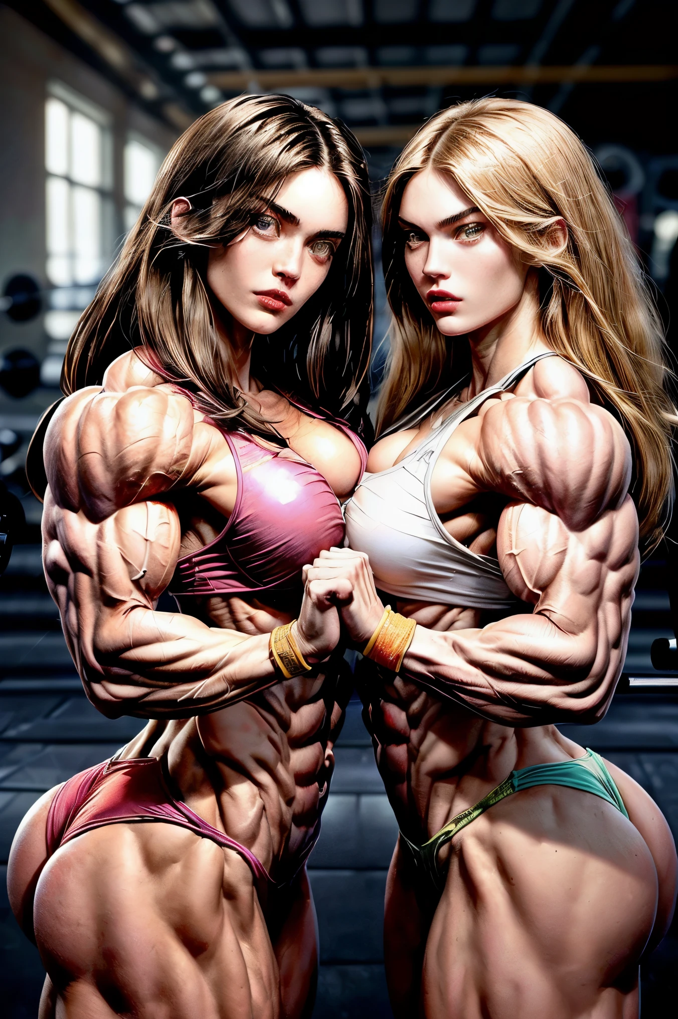 (2 girls body builders:1.6), ((masterpiece)), best quality, ultra-detailed:1.7, finely detail, high resolution:1.6, perfect dynamic composition, beautiful detailed faces:1.77, blonde babes:1.88, perfect red lipstick, perfect makeup:1.8, short denim bikini , large breasts:1.4, lovely look:1.7, gorgeous face:1.6, defined muscles:1.4, beautiful faces:1.8, alessandra ambrossio, izabel goulart, Kate Upton, Gigi Hadid, candice swanpoel ,popped out dense veins on muscles:1.8, hyper detailed picture:1.4, 8k resolution: 1.7, flex muscles:1.3, hyper muscular body shape:1.42, photorealistic:1.5, realistic:1.6, face masterpiece:1.74, good and professional lighting on picture:1.38, Swedish-Russian muscle beauty goddess, masterpiece 25 years old Megan Fox and Izabel Goulart as bodybuilders, extremely high resolution, hyper feminine beauty , hyper realistic texture, hyper muscularity, hyper vascularity, ass of titanium, muscles of steel, ripped body shape, ripped sexy ass with bikini, muscular ass , topless, good face details, hyper face detailing, super dominant moment, nude females, perfect symmetrical face, sexy arm wrestling each other, serious muscle posing, serious female bodybuilders, pec bouncing, chest muscles fibres, chest muscles with veins, flexing chest, crushing apple with breasts and chest muscles, showing off her super strength, shredded chest muscles, ripped with fibres