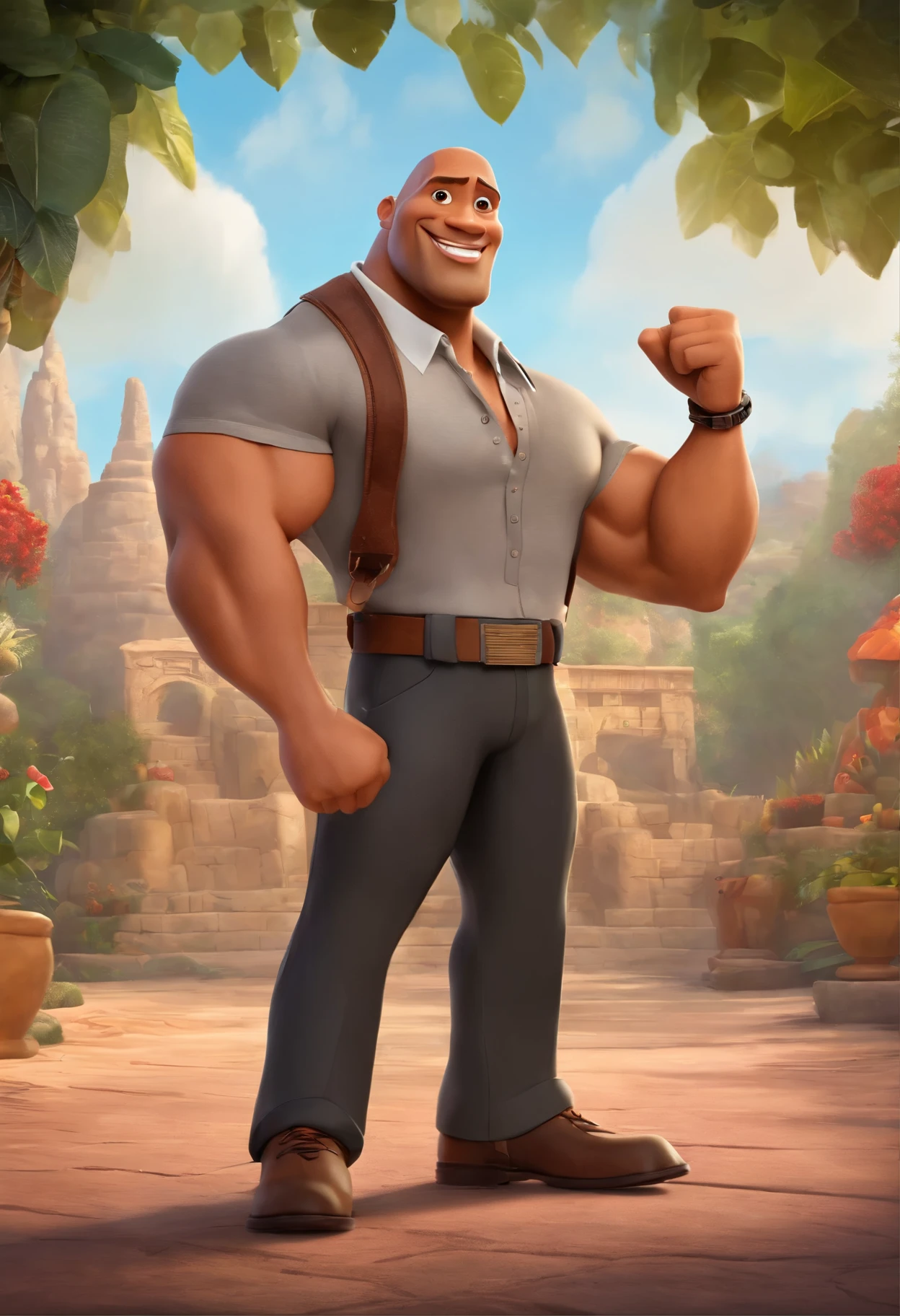Dwayne Johnson, no estilo Disney Pixar, is portrayed with a charming and expressive presence, combining an imposing stature with cartoonish features and vibrant colors