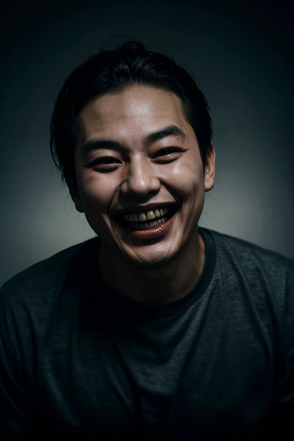 A Korean man laughing maniacally in a dark space like the Joker in a horror movie