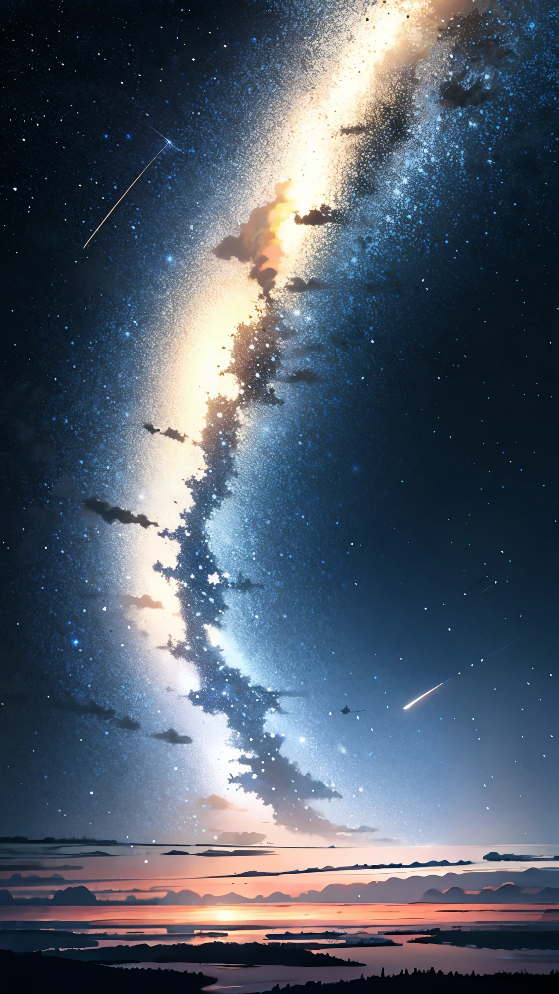 masterpiece, highest quality, landscape, there are no humans, sorrow,oil \(Moderate\) fake sky,(multiple fake stars falling from the sky:1.2),The floating star shape falls,broken ground