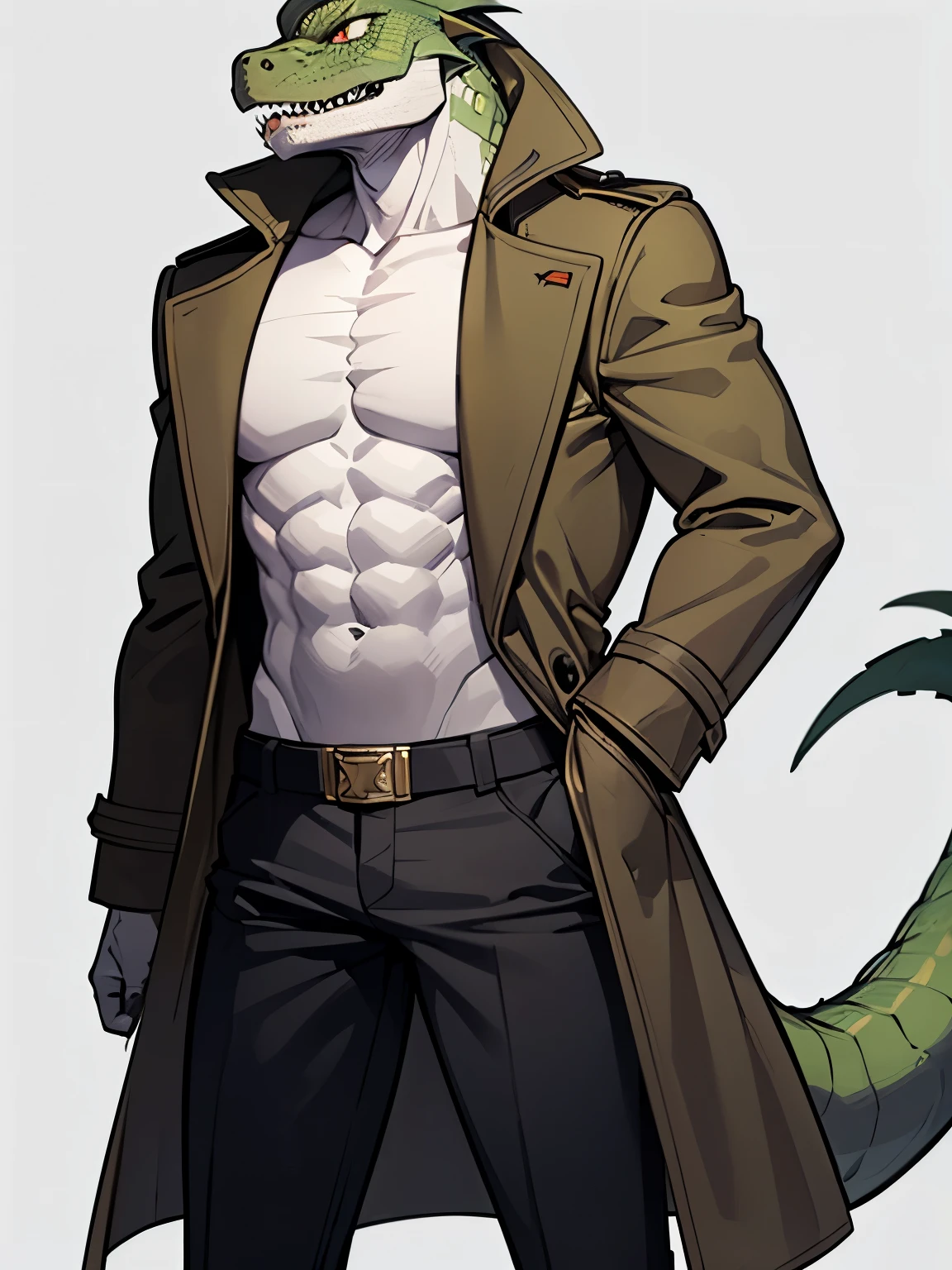 lizardman, solo, trench coat, reptile, anthro, [strongman waist], (((white scales)))