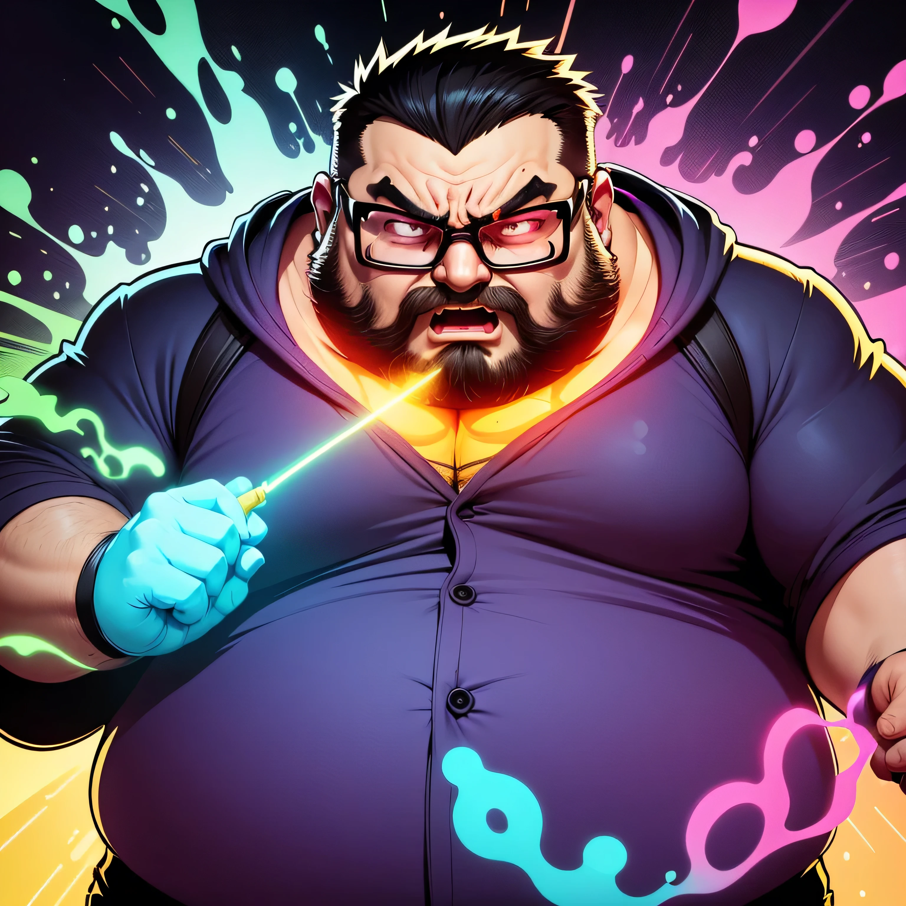 Vector style masterpiece, fat man with glasses, no facial hair, only face, very angry expression, LSD COLOR SPECTRUM, glowing elements, fluorescent colors, lights effects, lasers, glowing inkdrops