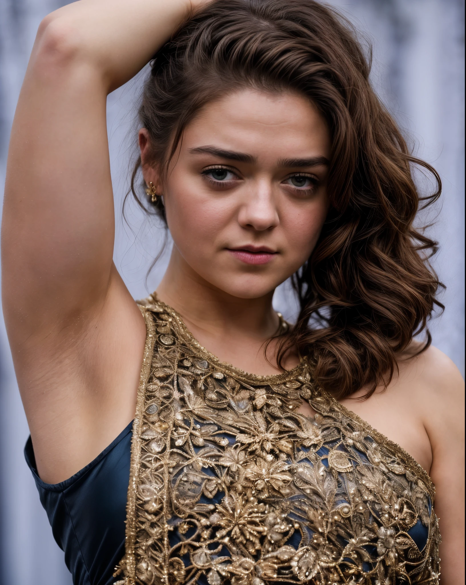 Foto RAW, Arya Stark, Extremely gorgeous lady, Arya Stark PLAYED BY MAISIE WILLIAMS, Queen Arya Stark, she a mature woman now, milf, sexy mediaeval battle dress, gladiator woman, body, 40 years old Woman, body revealing costumes, perky breast, skin pores, big natural breast, erotic costumes, lusty physique, seductive figure can capture every people's attention, Game of thrones costumes, revealing captivating figure, Mediaeval costumes, revealing clothes, A tomboy, she would rather fence than dance, warrior queen , game of thrones screen caps, Game of Thrones Series, (pele altamente detalhada: 1.2), 8k UHD, DSLR, soft-lighting, alta qualidade, grain of film, Fujifilm XT3, flawless picture, highly detailed, detailed Beauty, intricate, 32k, sharp picture, showing her beautiful armpits,