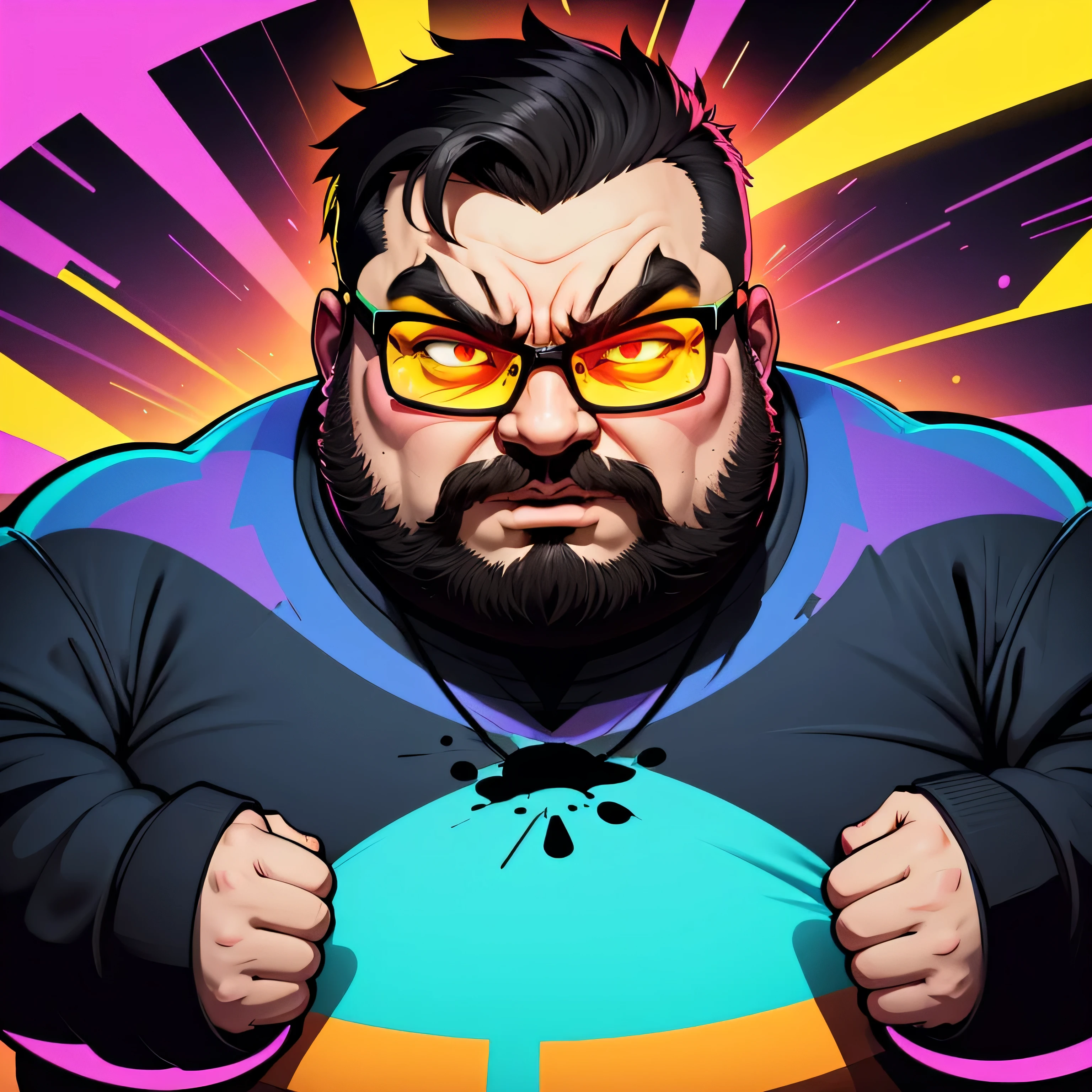 Vector style masterpiece, fat man with glasses, no facial hair, only face, very angry expression, LSD COLOR SPECTRUM, colors everywhere, glowing elements, fluorescent colors, lights effects, lasers, glowing inkdrops
