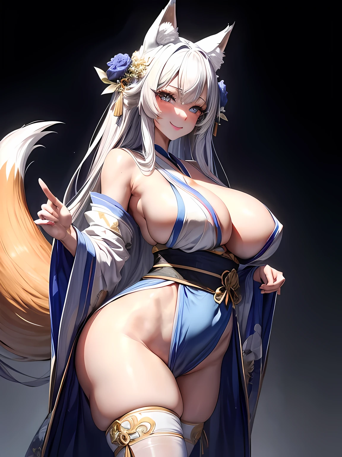 1 girl, long silver hair, fox ears, only fox ears, blue eyes, extremly detailed, blushing, huge breasts, sexy and seductive, wearing erotic blue and white kimono with golden elements, tall women, long flufy nine fox tails, thicc thighs, wide hips, smile, horny, absurdes, high res, ultra sharp, 8k, masterpiece, looking at viewer