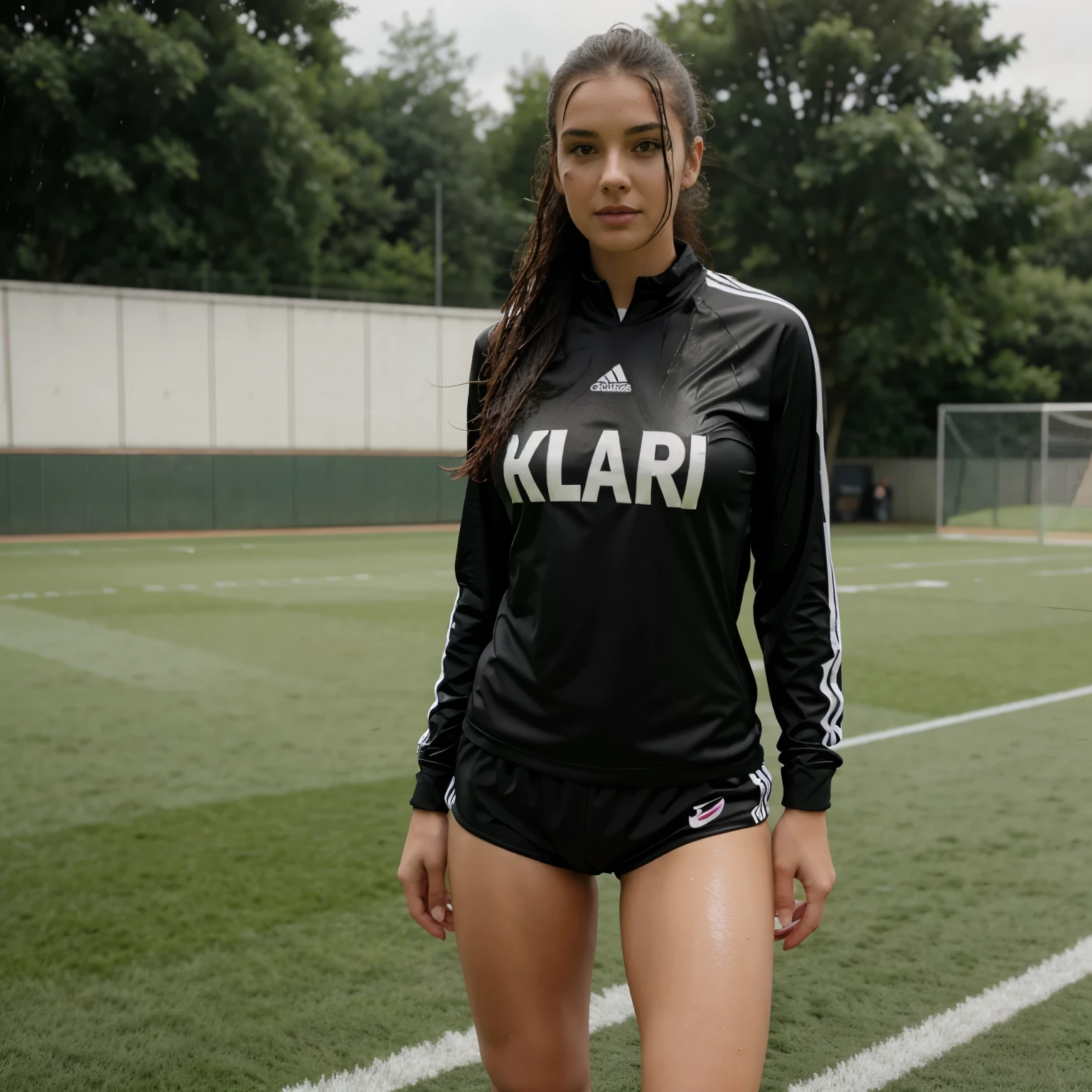 Woman in football outfit wet from rain