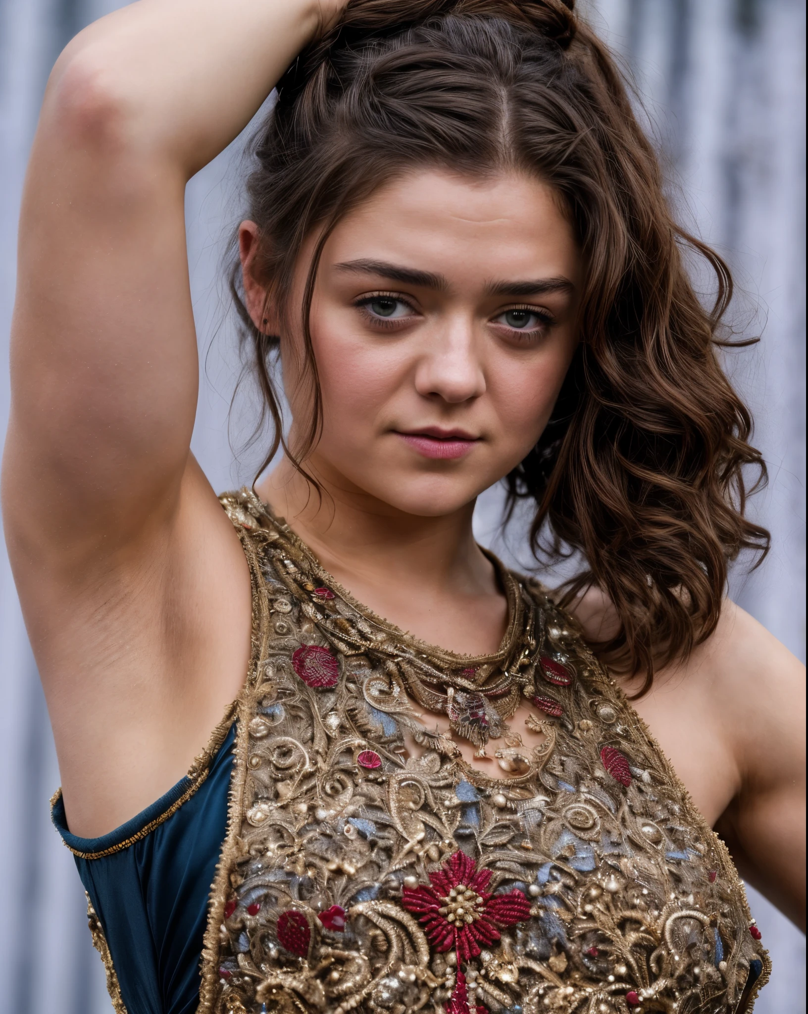 Foto RAW, Arya Stark, Extremely gorgeous lady, Arya Stark PLAYED BY MAISIE WILLIAMS, Queen Arya Stark, she a mature woman now, milf, sexy mediaeval battle dress, gladiator woman, body, 40 years old Woman, body revealing costumes, perky breast, skin pores, big natural breast, erotic costumes, lusty physique, seductive figure can capture every people's attention, Game of thrones costumes, revealing captivating figure, Mediaeval costumes, revealing clothes, A tomboy, she would rather fence than dance, warrior queen , game of thrones screen caps, Game of Thrones Series, (pele altamente detalhada: 1.2), 8k UHD, DSLR, soft-lighting, alta qualidade, grain of film, Fujifilm XT3, flawless picture, highly detailed, detailed Beauty, intricate, 32k, sharp picture, showing her beautiful armpits,