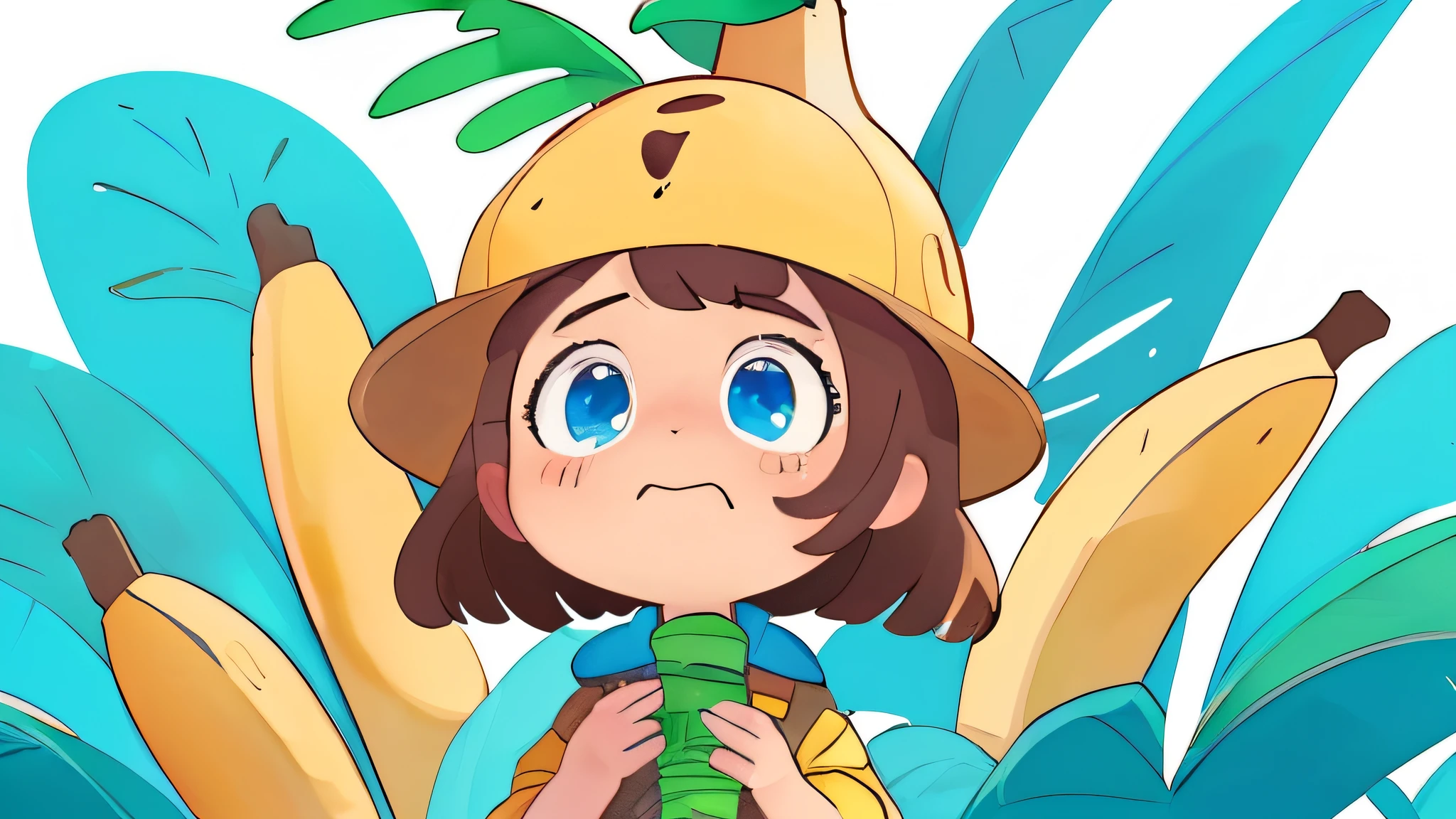 supper sad, banana hat, bananas background pattern, banana tree, blueish background, high detailed, fornite banana costume, shooting, explosion, high contrast, high saturation, guns, bananas, crying, big eyes, in a close view, front, girly brown hair, blue eyes