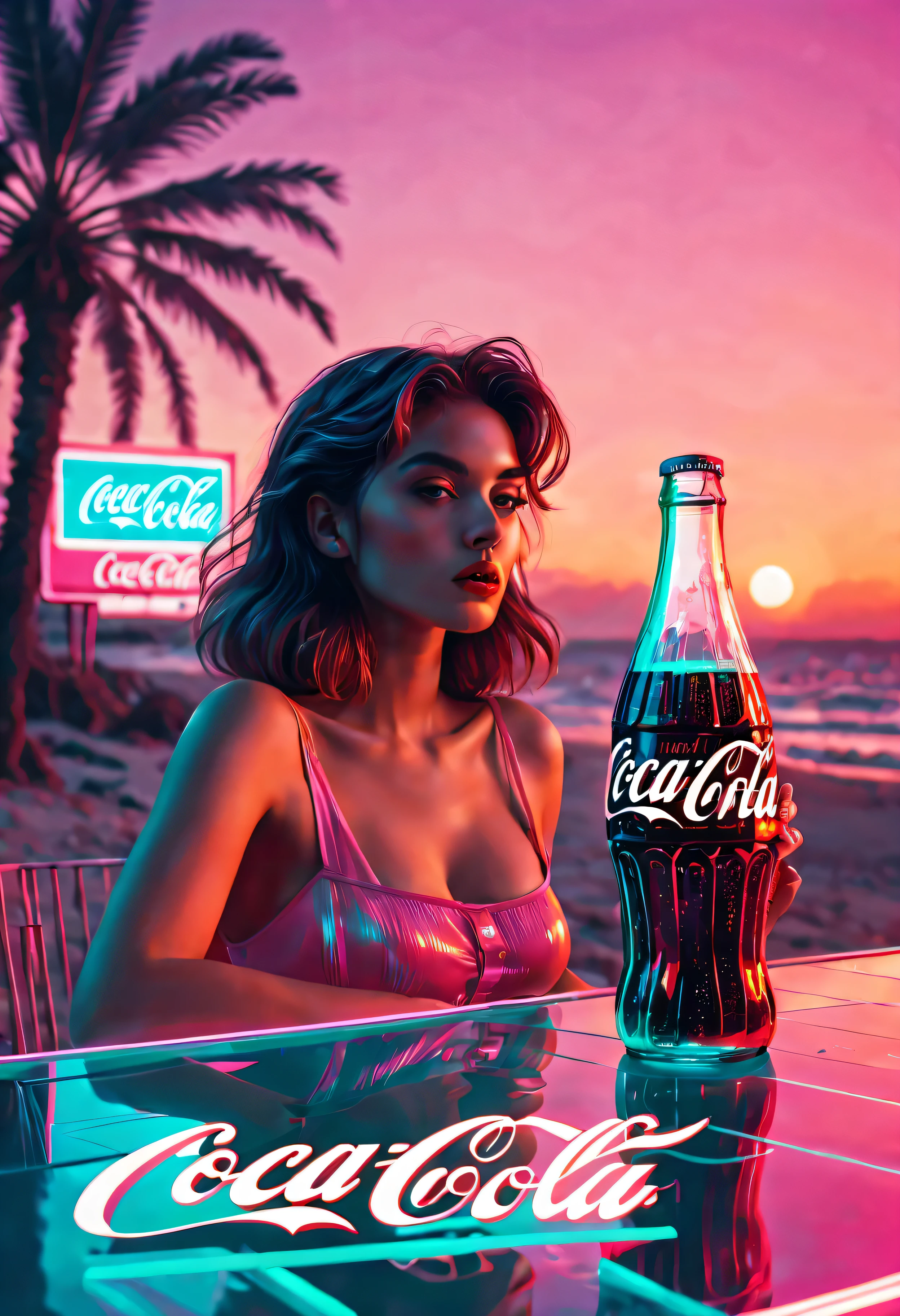 (best quality, high resolution, Super detailed, actual:1.37), Vaporwave aesthetic style Coca-Cola advertisement, 1 girl, 80s nostalgia, neon lights, Retro color, Retro CRT effect, Fault art, dreamy atmosphere, Palm tree, Sunset, Summer vibe, 3D rendering graphics, smooth surface, shiny metallic elements, Cyberpunk elements, pixel art, digital nostalgia, Cassette tape, VHS tape, lo-fi music, statuesque model, glass bottle, sparkling soda, Refreshing drink, tropical paradise, futuristic font, aesthetic vision.
