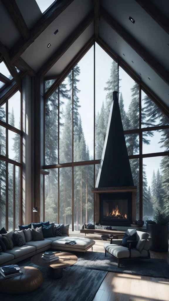 arafed living room with a fireplace and large windows overlooking the woods, large glass windows, unreal engine realistic render, architectural visualization, archviz, unreal engine highly rendered, large windows to forest at night, cinematic render unreal engine, highly realistic unreal engine, cosy atmoshpere, vray 8k render, large windows, vray rendered