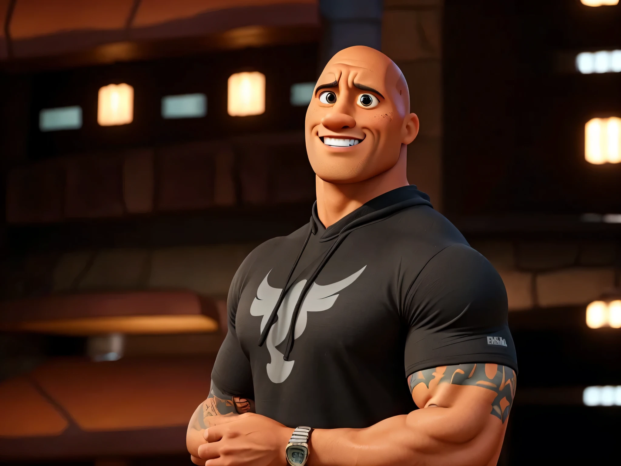 Dwayne Johnson, no estilo Disney Pixar, is portrayed with a charming and expressive presence, combining an imposing stature with cartoonish features and vibrant colors
