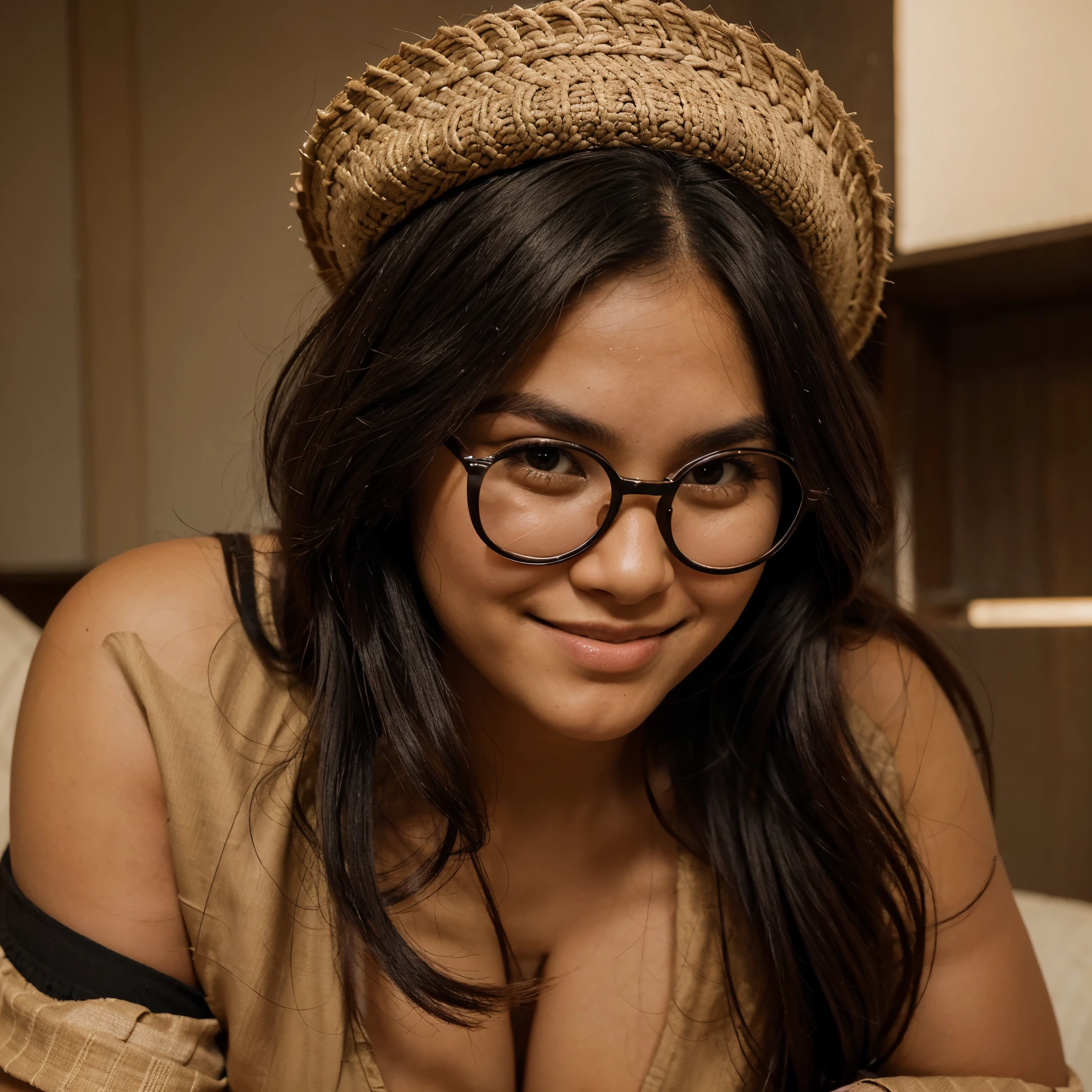 Beautiful Peruvian woman, round face, sturdy. Black long hair, ((round face)). Large round Glasses, awkward smile, dark complexion, tight shapely butt