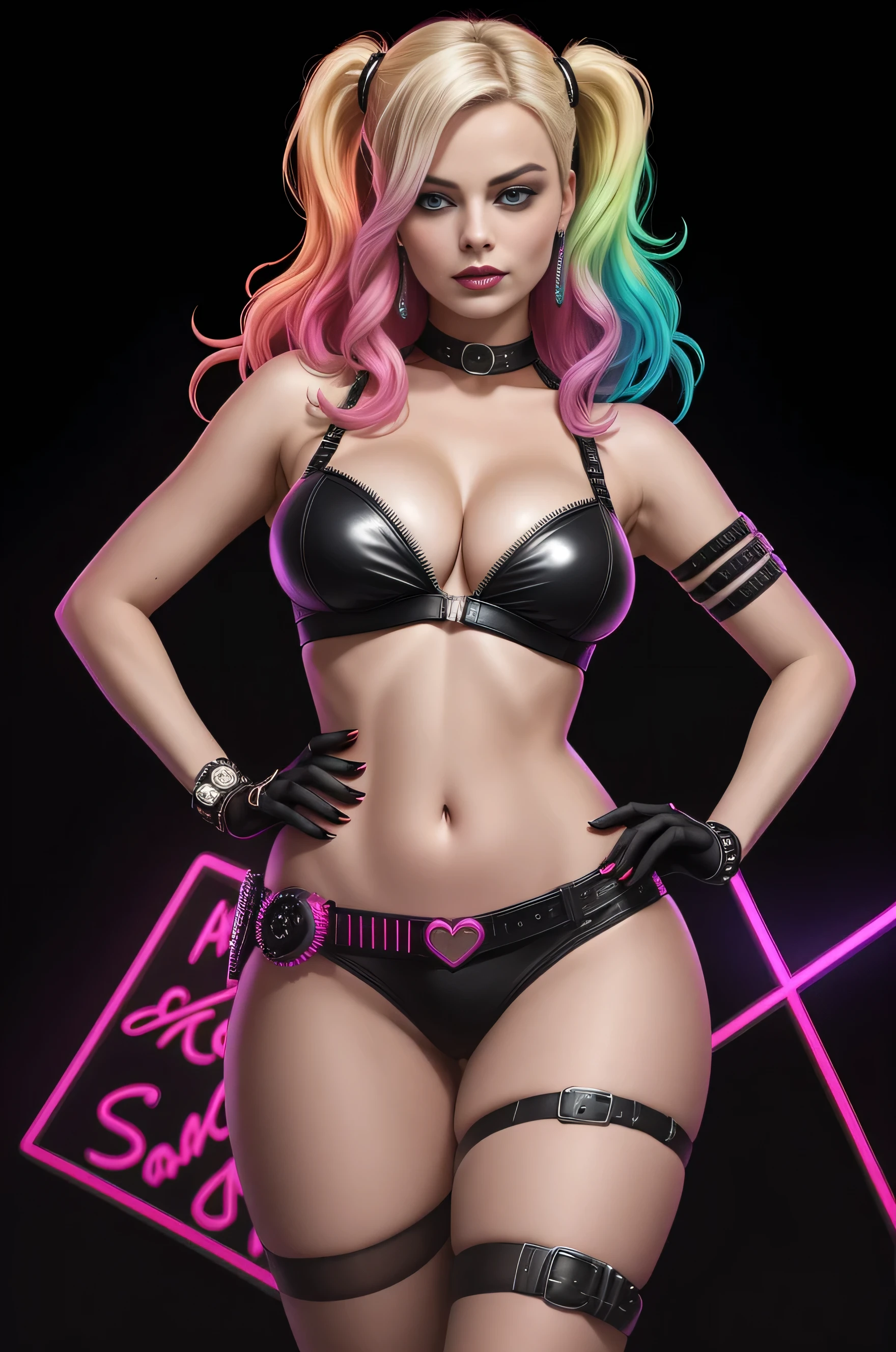 there is Margot Robbie as Harley Quinn standing, 3 d neon art of a woman's body, neon-noir background, cyberpunk femme fatale, seductive cyberpunk dark fantasy, cyberpunk strip clubs, cyberpunk 20 y. o model girl, oppai cyberpunk, banner, high definition cgsociety, cgsociety masterpiece, trending on cgstation, kda, random hair, looking at camera, gigantic breasts, cleavage, (high detailed skin:1.2), 8k uhd, dslr, super lighting, high quality, film grain, high res, highly detailed, hyper realistic, beautiful face, beautiful body, beautiful eyes nose lips, alluring expression, very bold, upper visible, full body photo, standing legs apart, pale translucent glowing skin, most beautiful face, cute, (well defined pubic hair:1.2)), (dark plain black background:1.4))