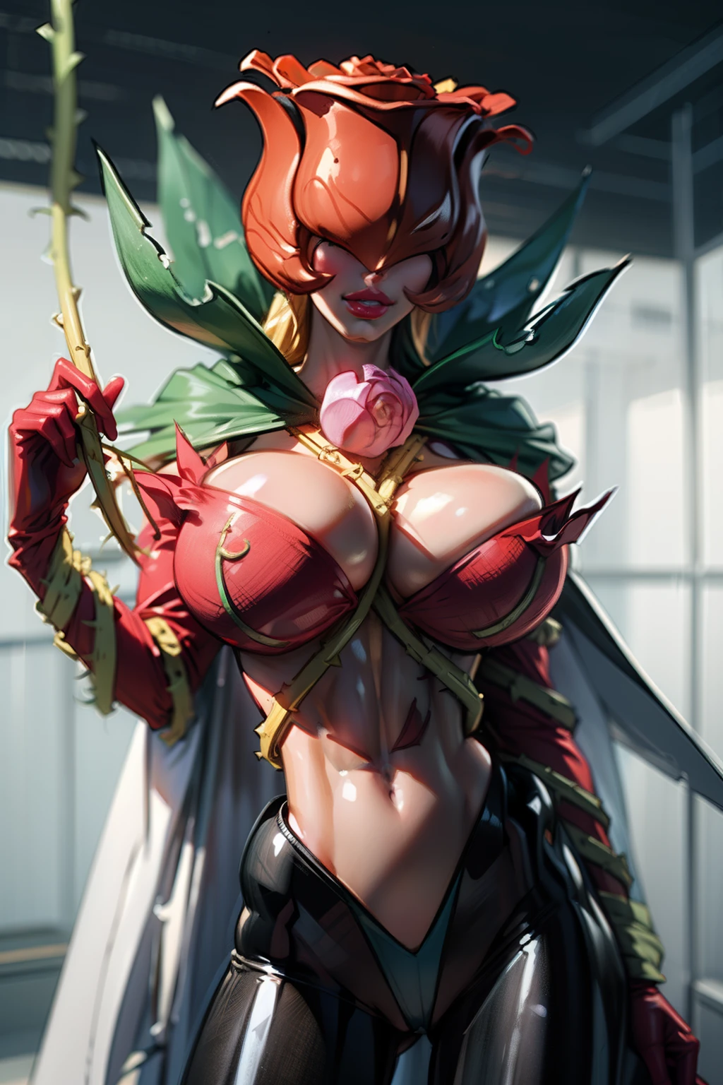 (Masterpiece:1.3), ANIME_rosemon_yugiho_ownwaifu, digimon \(creature\), breasts, long hair, (((gigantic breasts:1.5))), lipstick, navel, breasts pressed together, makeup, covered eyes, red pants, monster girl, helmet, plant girl, colored skin, red thighhighs, cleavage, petals, elbow gloves, (((slendered abs:1.6))), ((navel cutout)), red flower, red gloves, bodysuit, mask, thorns, cape, gloves, vines, rose, flower, plant, 1girl, solo, facing viewer, looking at viewer, upper body, smile, cool tones