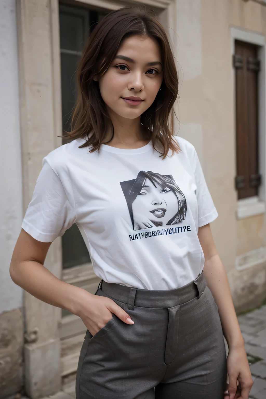superior quality、chef d'oeuvre、Très haute résolution、(realistic:1.4)、Belles femmes1、Beautiful details of eyes and skin、sourire、Light brown hair medium cut, Elle porte un t-shirt long, beautiful Chinese model, photo d'a slim girl model, model ig, beautiful female model, à Venice, italie, , pantalons pour femmes, t-shirt long, Veste femme,
