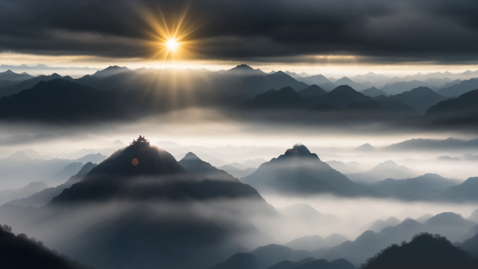 (Tyndall effect), landscape, mountainous landscape of China, mythical mountains, fog, sun rays piercing through the fog create beautiful light tyndall effects, mysticism, tranquility, film grain, 8k, lots of detail, raw photo, UIASM