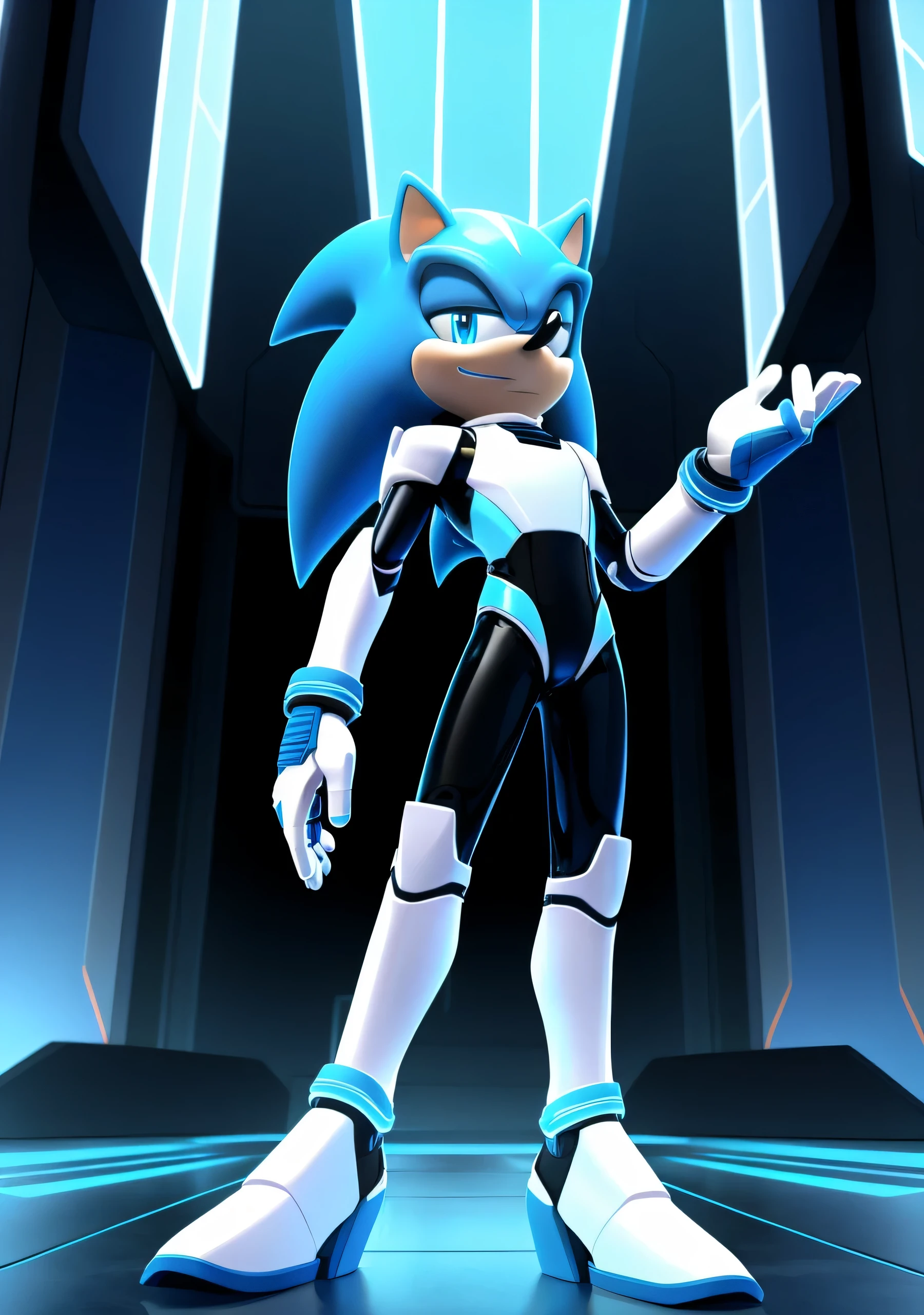 A solo male twink anthro android ((hedgehog)), with bright cyan fur, ((short)) quills, glowing blue eyes, white muzzle, wearing a shiny, latex sci-fi bodysuit standing in a futuristic landscape. The android's bodysuit has (((light blue, and white coloring))), and intricate futuristic details, creating a clean look. the android has a seductive smirk on his face