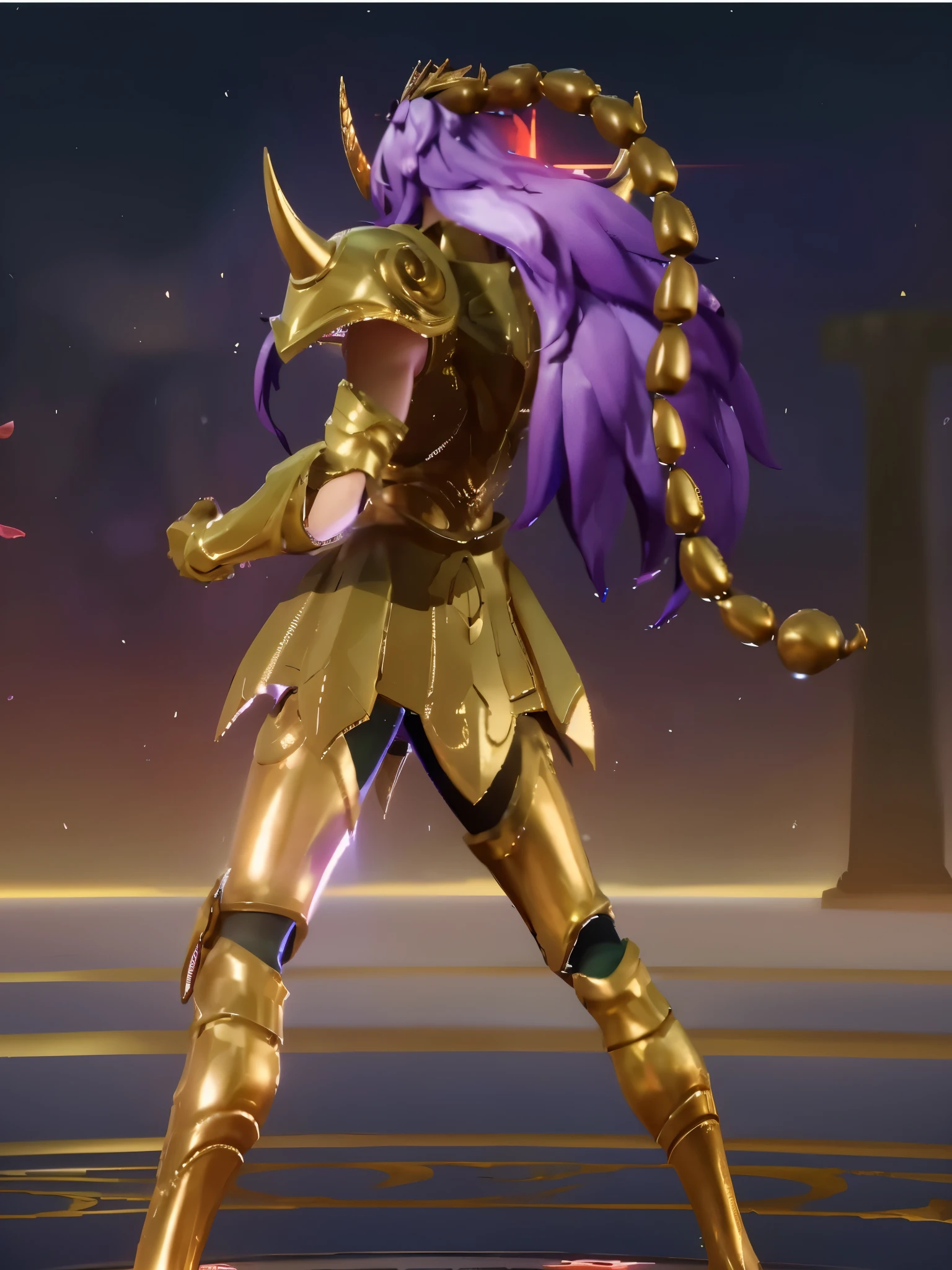 araffe in a golden armor with a purple hair and a purple tail, unreal engine render saint seiya, knights of zodiac girl, saint seiya, portrait knights of zodiac girl, gilgamesh, golden armor wearing, zhongli from genshin impact, inspired by Huang Shen, mystical anubis valkyrie, gemini gold cloth, gold armour suit, gilded shiny armour
