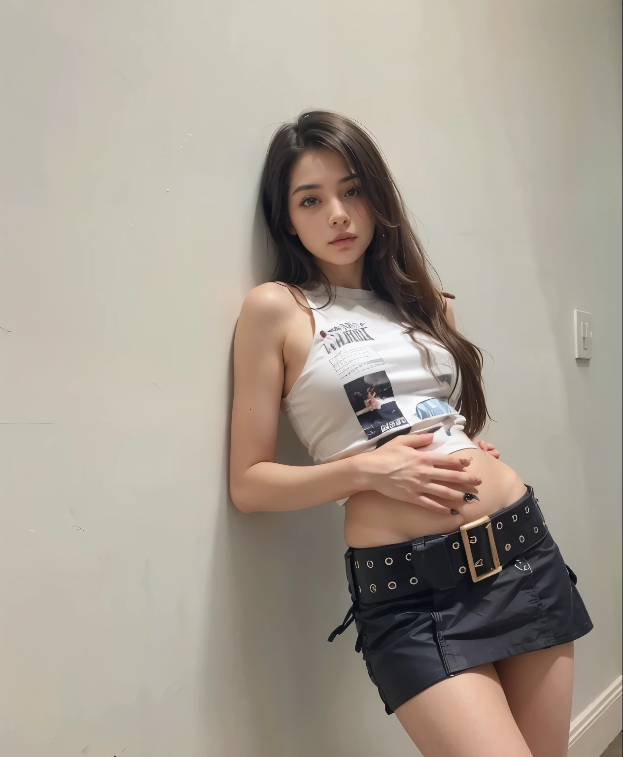 Woman leaning against a wall with a camera in her hand, pose casual, her belly button is exposed, very roupa sexy, look sexy, 2 modelo feminino de 4 anos, Violeta Myers, pose lateral, o extremamente quente e sexy, pose sexy, very pose sexy, Cerveja suave rainha do diabo madison, 18 anos de idade, encostado na parede, roupa sexy