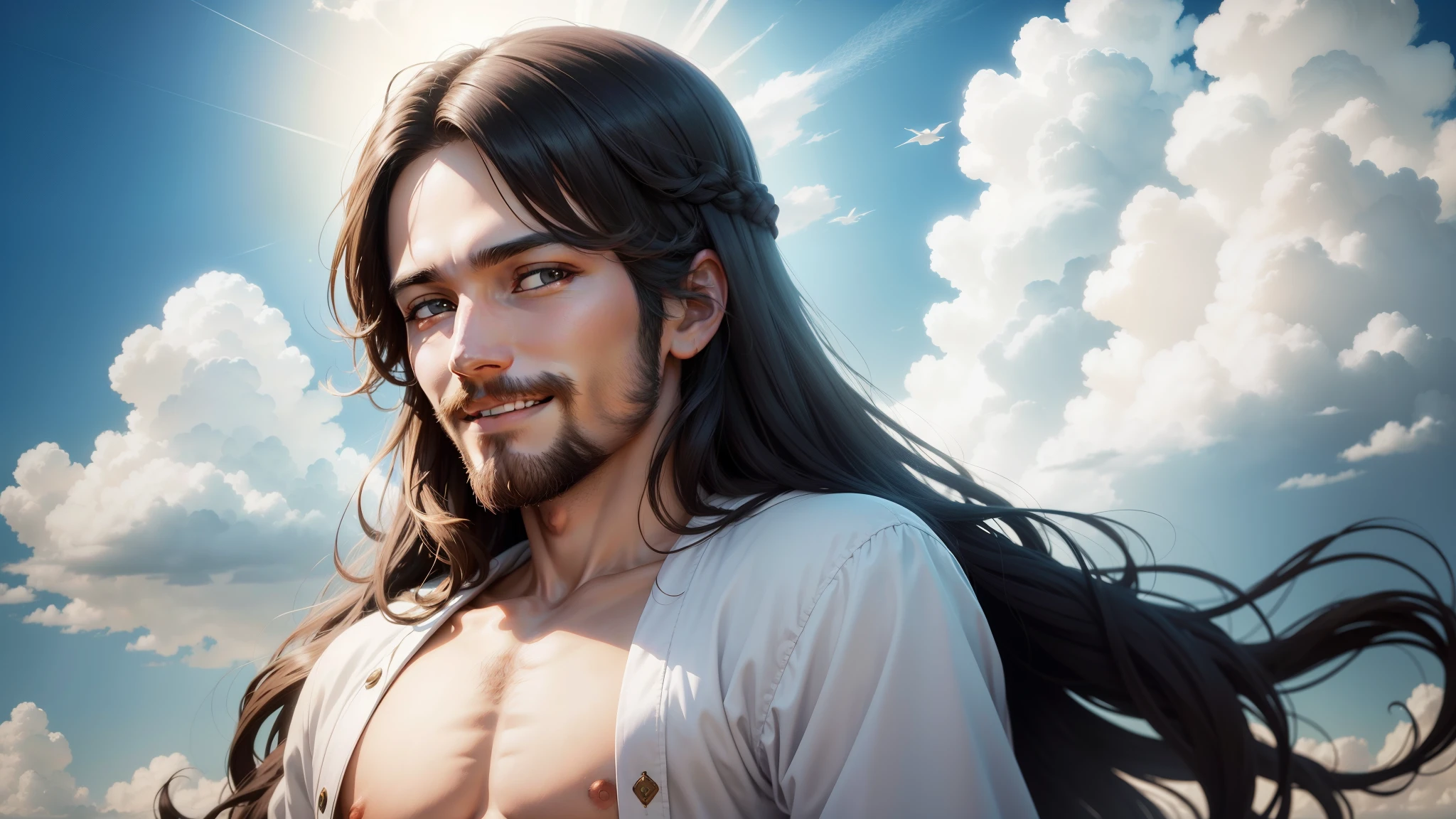 In the high definition anime version of Jesus Christ, the beloved savior is depicted with a radiant, smiling countenance under a clear blue sky. The background is adorned with fluffy, white clouds, adding a serene and heavenly atmosphere to the scene.