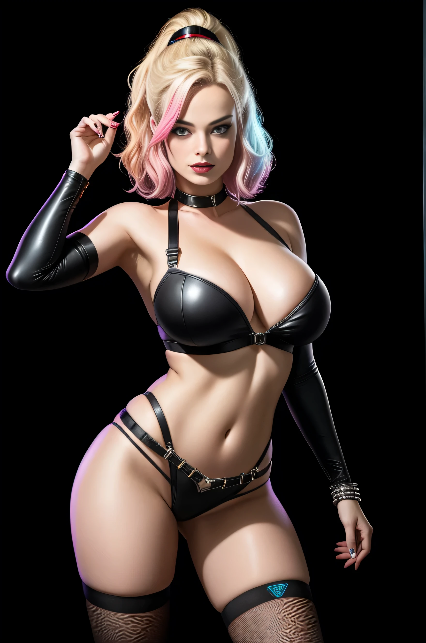 there is Margot Robbie as Harley Quinn standing, 3 d neon art of a woman's body, neon-noir background, cyberpunk femme fatale, seductive cyberpunk dark fantasy, cyberpunk strip clubs, cyberpunk 20 y. o model girl, oppai cyberpunk, banner, high definition cgsociety, cgsociety masterpiece, trending on cgstation, kda, random hair, looking at camera, gigantic breasts, cleavage, (high detailed skin:1.2), 8k uhd, dslr, super lighting, high quality, film grain, high res, highly detailed, hyper realistic, beautiful face, beautiful body, beautiful eyes nose lips, alluring expression, very bold, upper  visible, full body photo, standing legs apart, pale translucent glowing skin, most beautiful face, cute, (well defined pubic hair:1.2)), (dark plain black background:1.4))