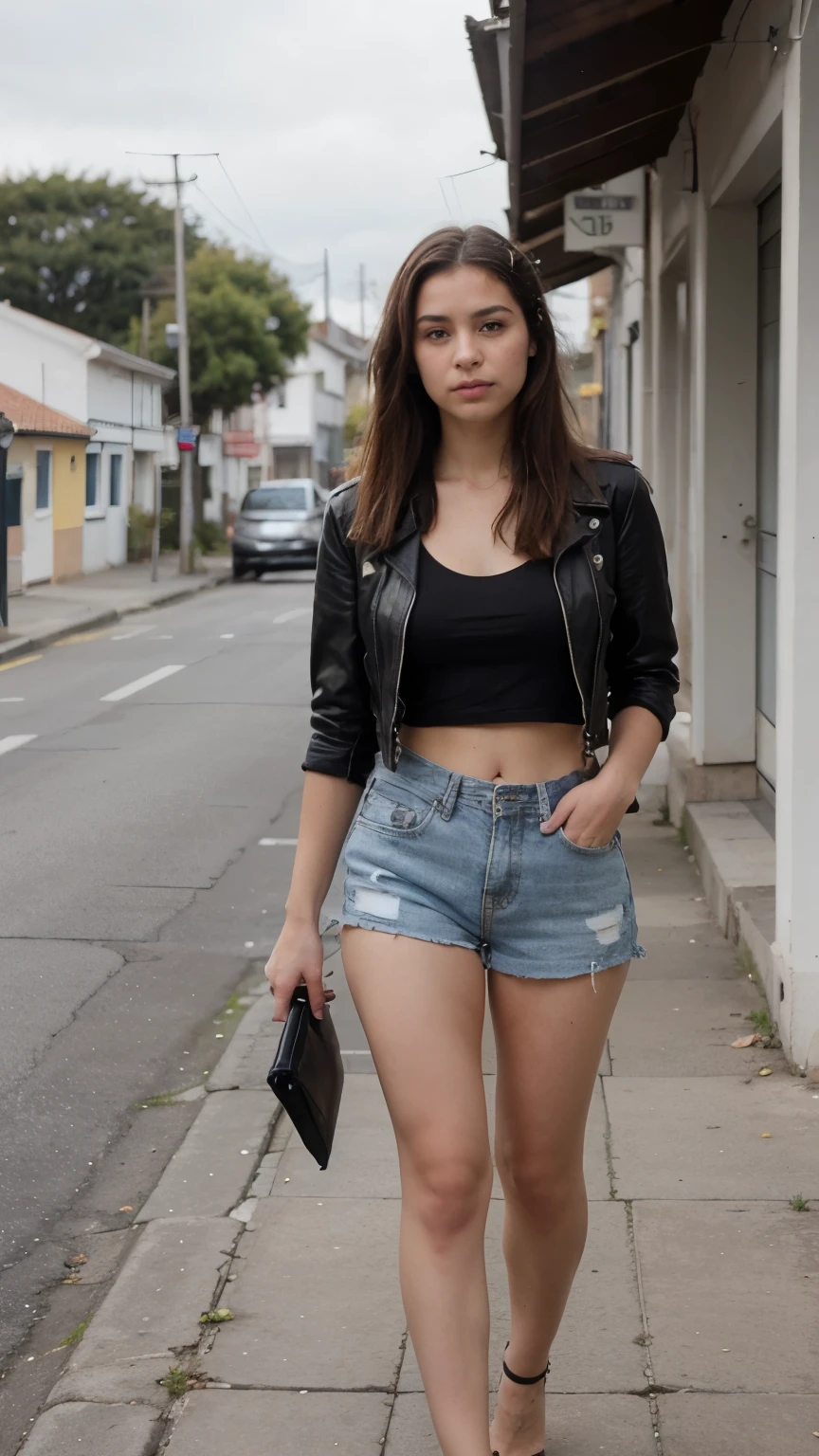 21 year old girl walking down the street in urban clothing, pelo largo y negro, delgada, culona, senos medio grandes, ojos color miel