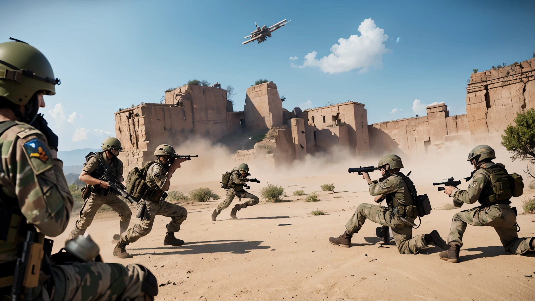 Arafad image of a group of soldiers holding guns and helmets, , Game CG, warzone background, , FPS game concept art, By senior environment artist, Detailed game art illustrations, Squad fights the enemy, Game promotional poster, video game screenshots, NVIDIA promotional images