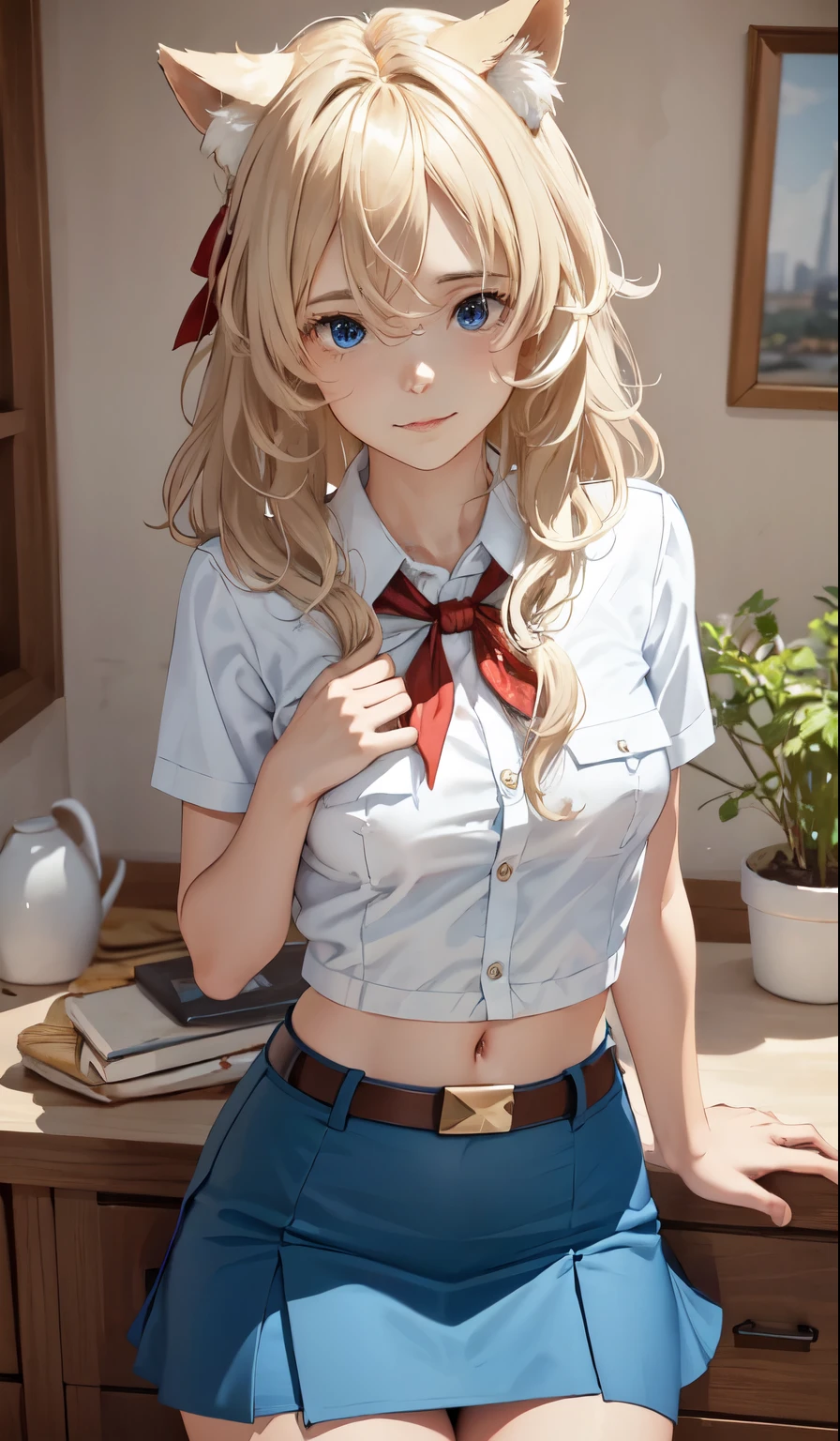 very young slim fit girl, full height, rounded face, (long curly disheveled blond hair:1.4), big blue eyes, shy smile, perfect medium breast, band on head with fake cat ears, monroe, pioneer neckerchief, short tight blue pleated skirt, bangs, tight white shirt, short sleeves, collared shirt, belt, red neckerchief, breast pocket