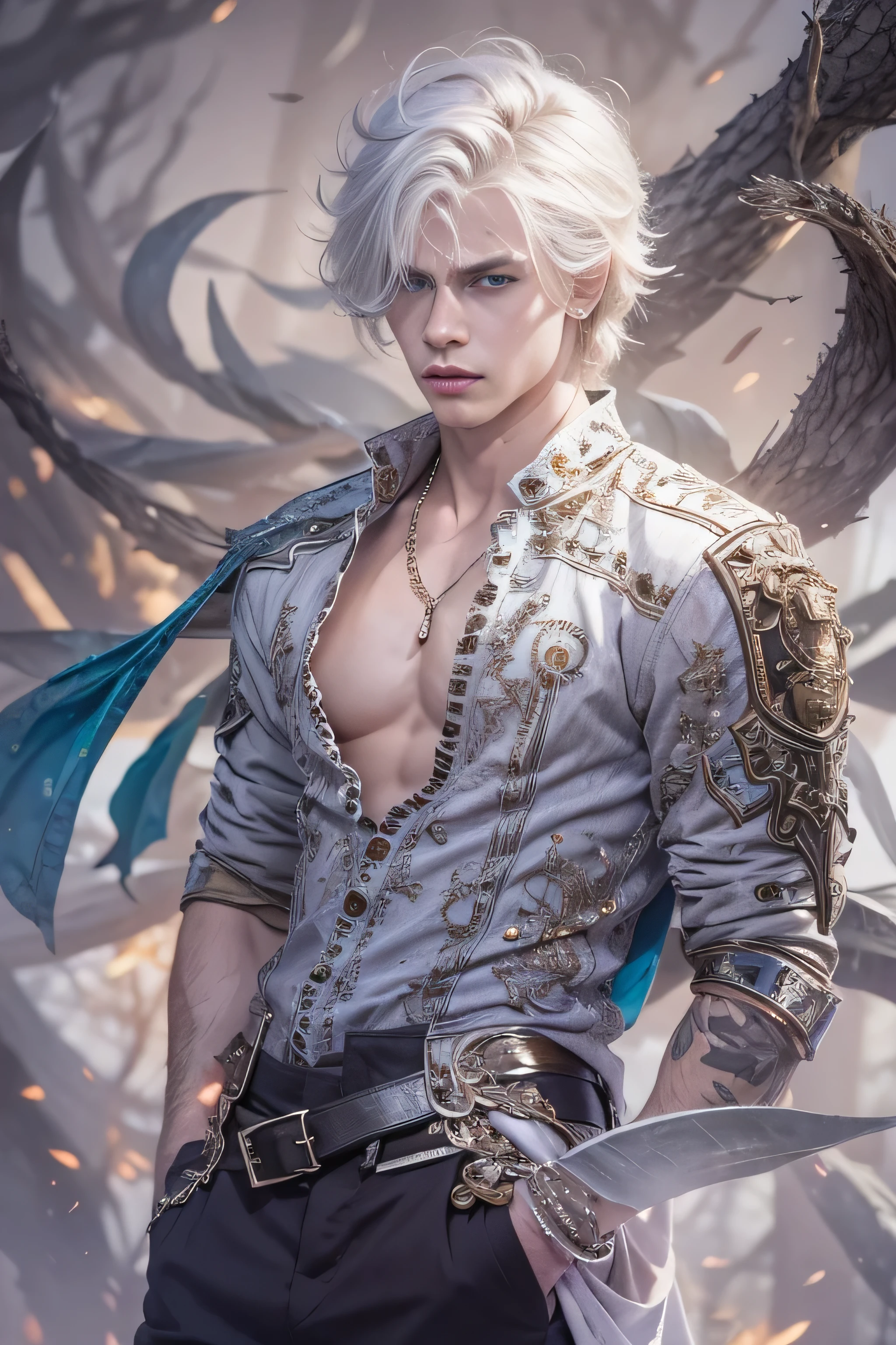 (masterpiece, top quality, best quality, official art, beautiful and aesthetic), (1boy - Seraphim), extreme detailed,colorful,highest detailed. (platinum fluffy hair, scars on the face in the middle and lip, heterochromia), (man, he/his/him), (hot man, muscular build, manly tired face)