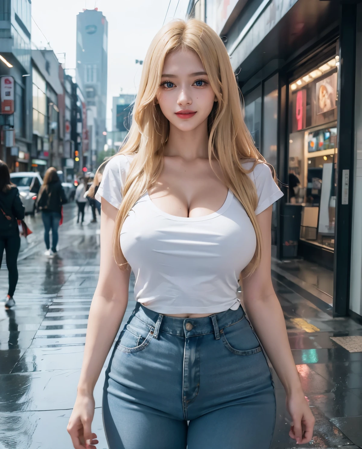 1girl, (Blue Eyes), (smiling :1.2), (beautiful makeup :1.1), (Sana Minatozaki), wide hips, Big tits, big ass, (Best Quality, 8k, Masterpiece: 1.3), Clear Focus: 1.2, Perfect Body Beauty: 1.4, strong abs :1.2, Highly detailed face and skin texture, detailed eyes, double eyelids, red lips, (blond long hair :1.2), (cleavage white t-shirt :1.2), jeans, standing, dynamic pose, in the Akihabara neighborhood of Tokyo, Japan, raining, rainy day, buildings in the background, blurred background