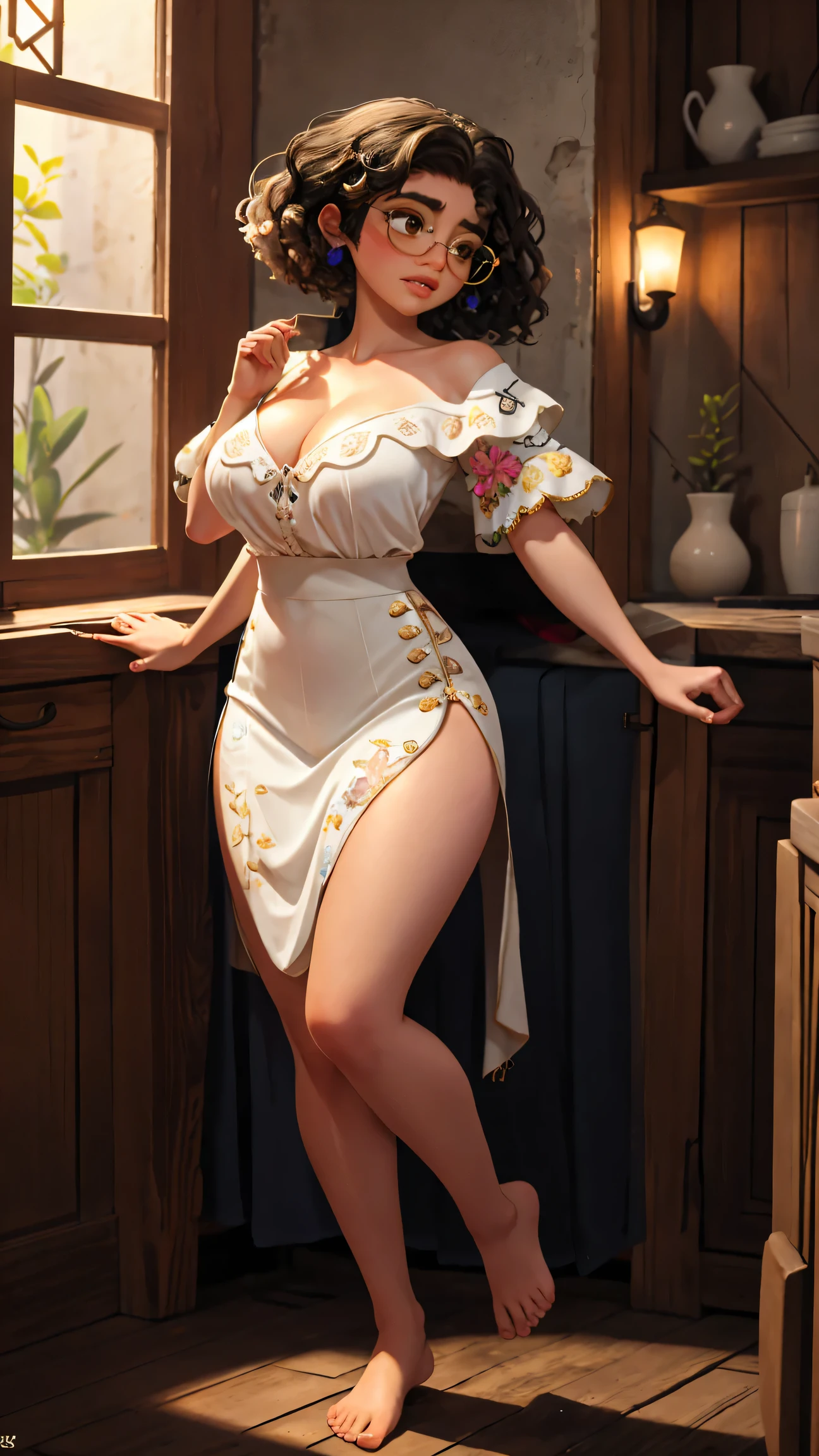 photography, bokeh, highres, ultra detailed, intricate details, absurdres, masterpiece, BREAK 1girl, beautifully detailed woman, full body view, big breasts, big tits, voluptuously legs under dress, tall body, beautifully detailed mouth, extremely detailed eyes and face, beautiful detailed eyes, matte eyeshadow, eyelashes, eyeliner, ultra glossy lipstick, (pouty lips:1.3), makeup, full body view, big breasts, big tits, voluptuously legs under dress, tall body, blush, BREAK sexy pose, sweat, narrow waist, large hips, gigantic breasts, barefoot, BREAK detailed background, BREAK Mirabel madrigal, glasses, BREAK