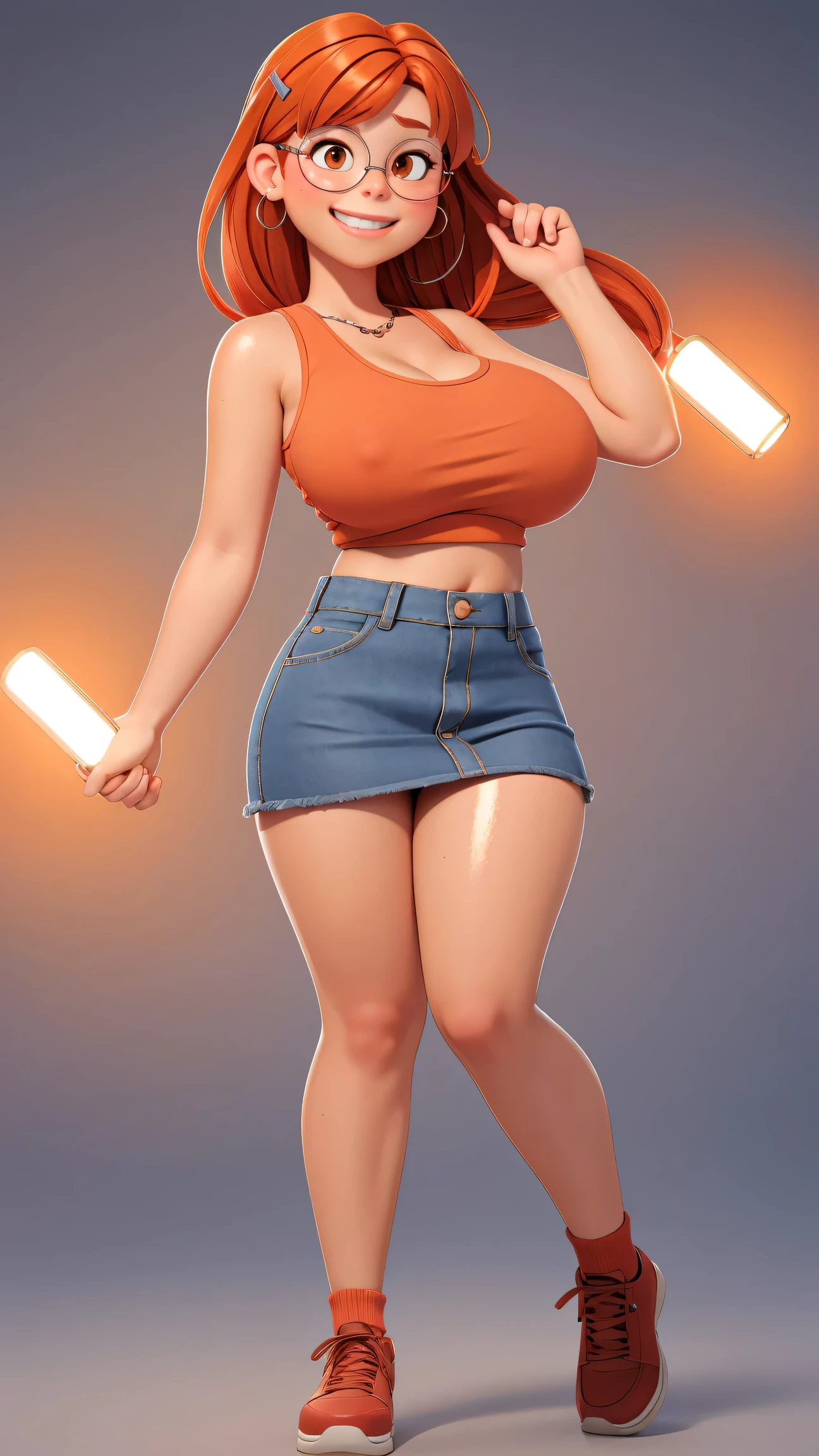 (best quality:1.4),(shiny skin), body focus, (cute face), (((best quality))), illustration, ((Beautiful Finger)), , Beautiful body, Beautiful character design, ,perfect lighting, Colorful, Bright_Front_face_Lighting, ultra high res, highres, absurdres:1.2, bokeh:1.2, lens flare, (vibrant_color:1.2), (Beautiful, huge breasts:1.4), full body view, mini skirt, adult, adult,
Reddish-orange hair, red hairclip, circular glasses, (brown eyes:1.2), tank top, smile (chubby:1), blue denim skirt, tall, long legs