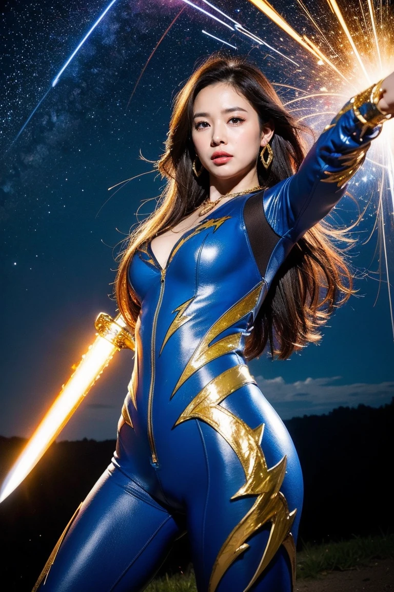 highest quality, masterpiece, realistic, High resolution, 8k RAW写真, 1 girl、bob cut、goddess、has a decorated cane、Swing your sword up、((glamor body:1.3))、(Openwork blue bodysuit with light blue motif、gold edge)、(((action pose)))、(starry sky)、(a lot of lightning in the sky）