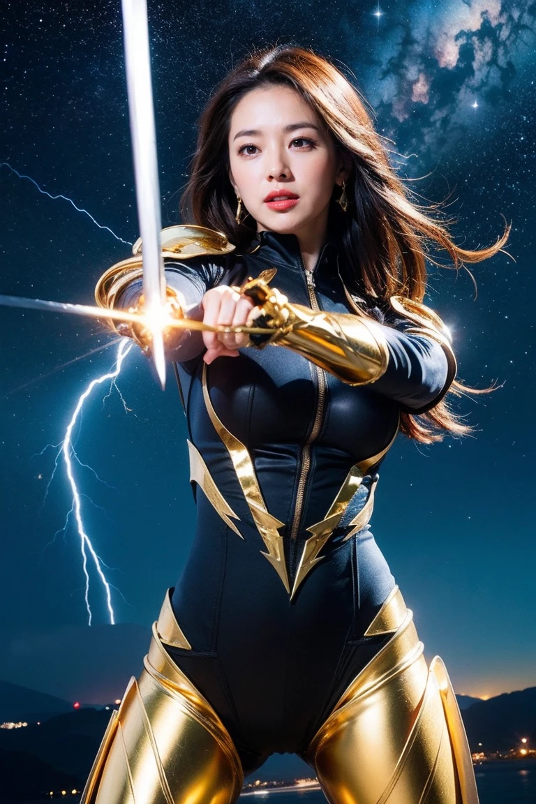 highest quality, masterpiece, realistic, High resolution, 8k RAW写真, 1 girl、long hair、goddess、has a decorated sword、Swing your sword up、((glamor body:1.3))、(Blue bodysuit with lightning motif、gold edge)、silver pendant、silver earrings、(((action pose)))、(fire(starry sky)、(a lot of lightning in the sky)