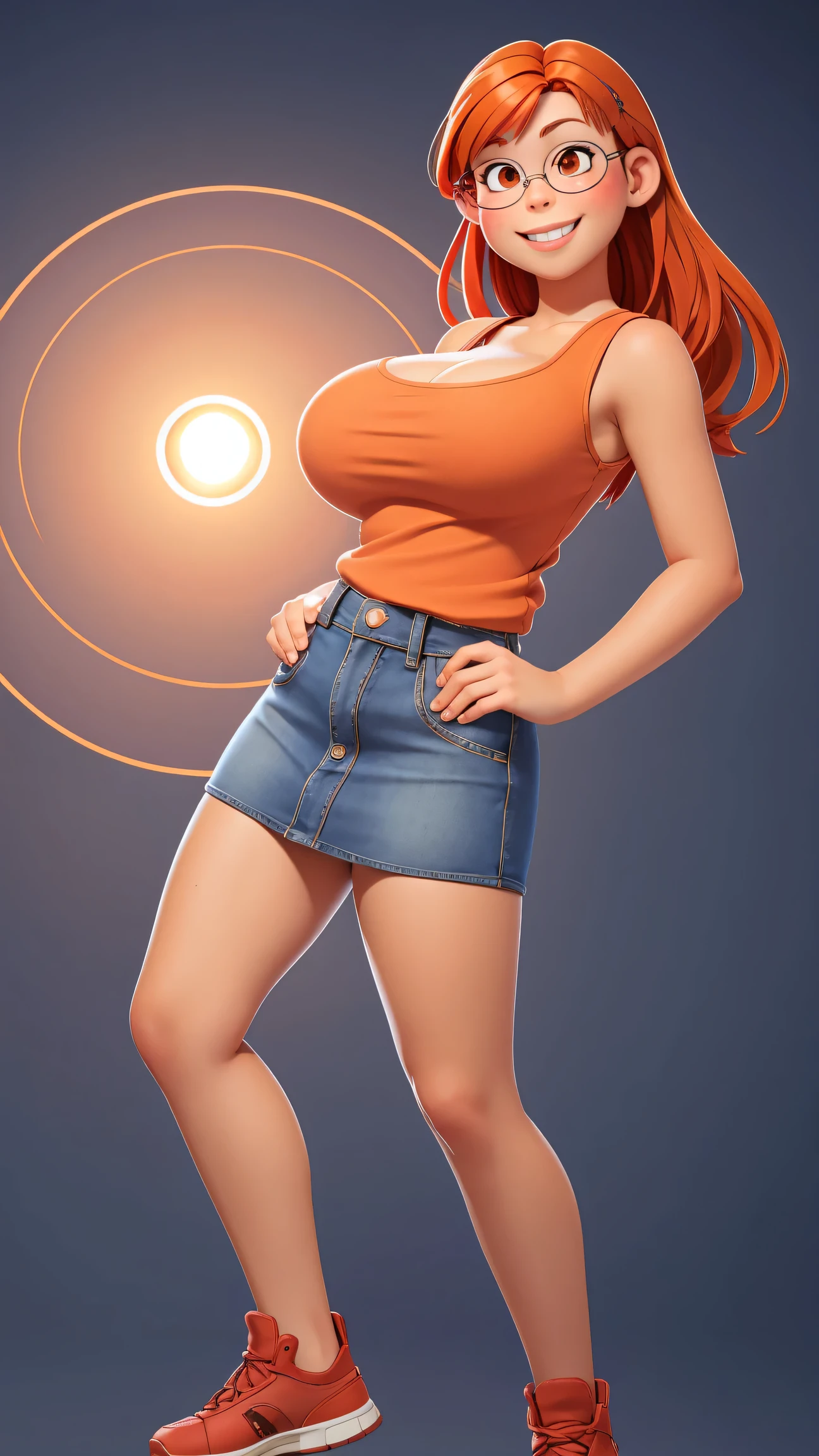 (best quality:1.4),(shiny skin), body focus, (cute face), (((best quality))), illustration, ((Beautiful Finger)), , Beautiful body, Beautiful character design, ,perfect lighting, Colorful, Bright_Front_face_Lighting, ultra high res, highres, absurdres:1.2, bokeh:1.2, lens flare, (vibrant_color:1.2), (Beautiful, huge breasts:1.4), full body view, mini skirt, adult, adult,
Reddish-orange hair, red hairclip, circular glasses, (brown eyes:1.2), tank top, smile (chubby:1), blue denim skirt, tall, long legs