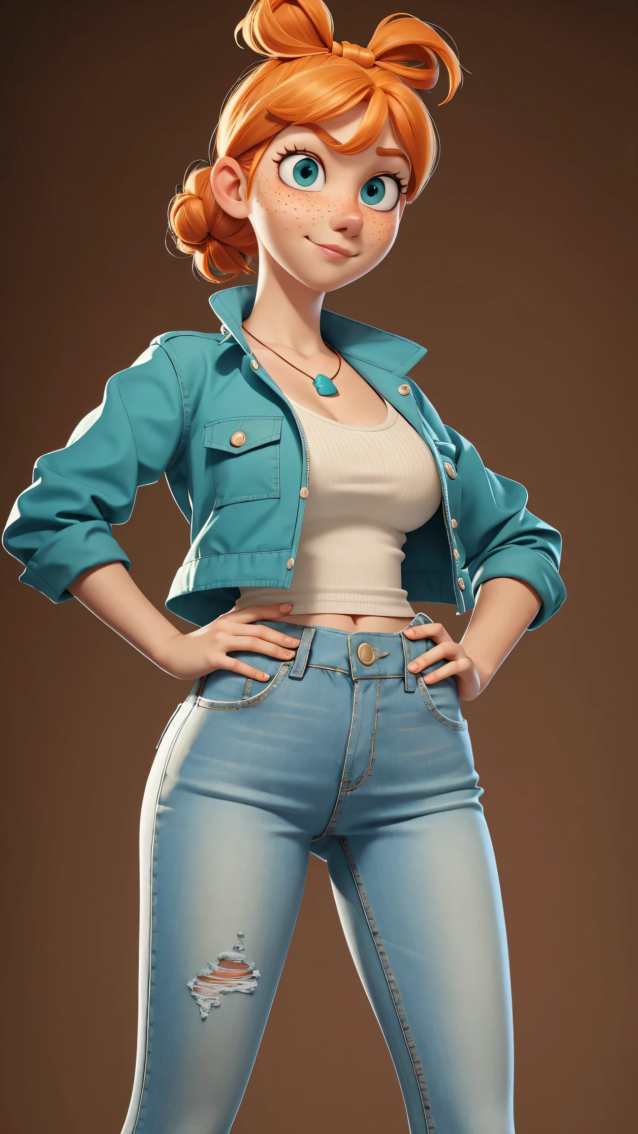 1girl, Orange hair in a bun, green eyes, slight smirk, freckles on cheeks, thin eyebrows, white necklace with a bow, teal jacket, pale skin, standing, cartoon, (pixar:1.2), Lucy Wilde, long nose, bangs, tight short jeans,full body view, wide hips, huge breasts, tight top, camel toe, large breasts, huge breasts, camel toe, wide hips