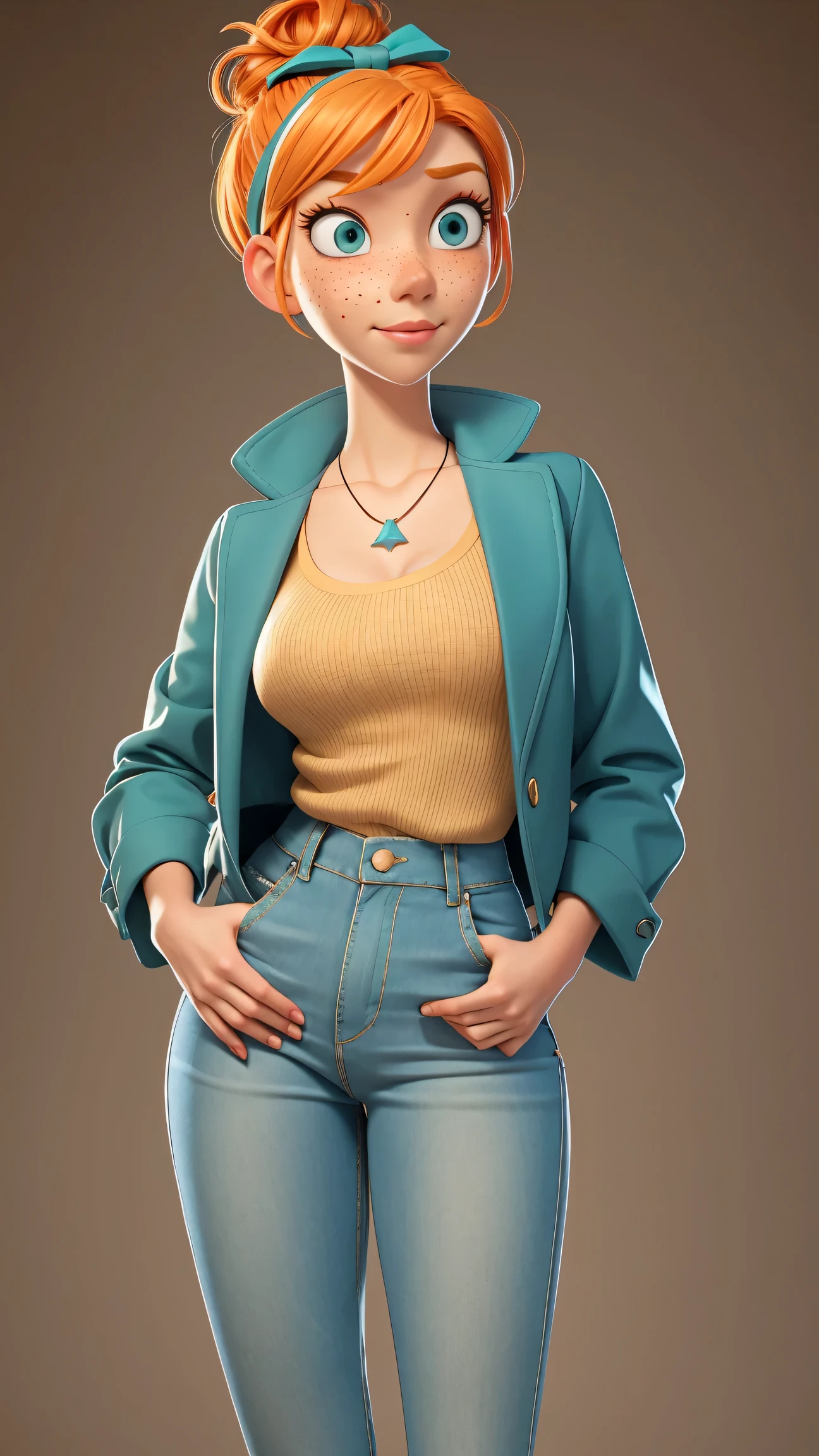 1girl, Orange hair in a bun, green eyes, slight smirk, freckles on cheeks, thin eyebrows, white necklace with a bow, teal jacket, pale skin, standing, cartoon, (pixar:1.2), Lucy Wilde, long nose, bangs, tight short jeans,full body view, wide hips, huge breasts, tight top, camel toe, large breasts, huge breasts, camel toe, wide hips