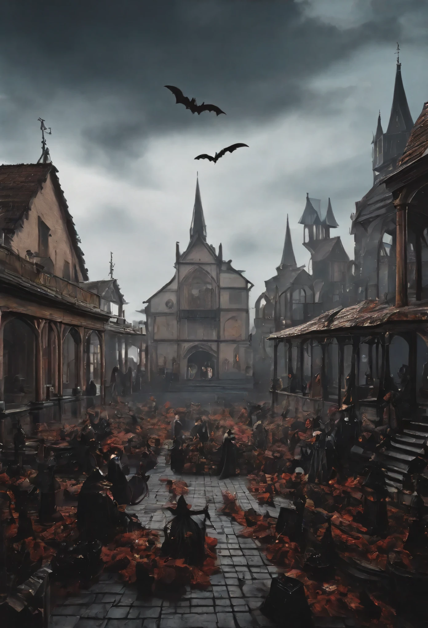 The image depicts a dark and macabre scenario of a gothic town square (1.1). Large groups of people are gathered. The sky is overcast and sullen. A group of bats are flying in the air above. gothic (1.1) (RAW photo., best quality), (realistic, Realistic), NVIDIA RTX Ray Tracing, octan render, high-resolution, beautiful, Awesome, finely and highly detailed, masterpiece, ultra-detailed, High, (best illustration), (best shadow), intricate, sharp focus, perfect composition, dark fantasy, volumetric mist, 8k UHD, DSLR, high quality, (grain of film: 1.4), Fujifilm XT3, art-station, smooth
