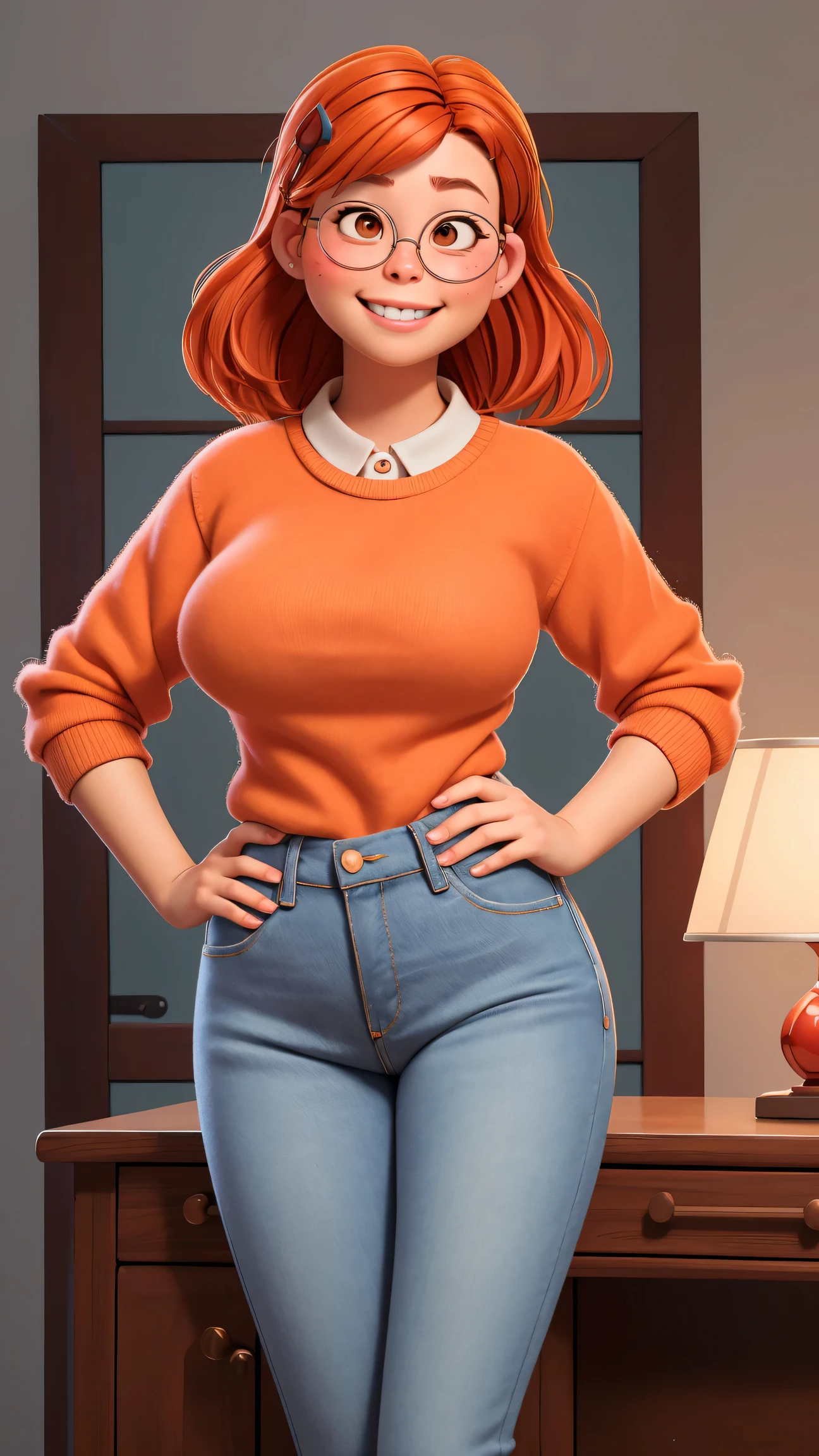 (best quality:1.4),(shiny skin), body focus, (cute face), (((best quality))), illustration, ((Beautiful Finger)), , Beautiful body, Beautiful character design, ,perfect lighting, Colorful, Bright_Front_face_Lighting, ultra high res, highres, absurdres:1.2, bokeh:1.2, lens flare, (vibrant_color:1.2), (Beautiful, large breasts:1.4), Meillin Lee as an adult, 30 years old, tight jeans,
Reddish-orange hair, red hairclip, circular glasses, (brown eyes:1.2), white sweater, smile (chubby:1), jeans, of small stature, indoors, palms, hand on hip,