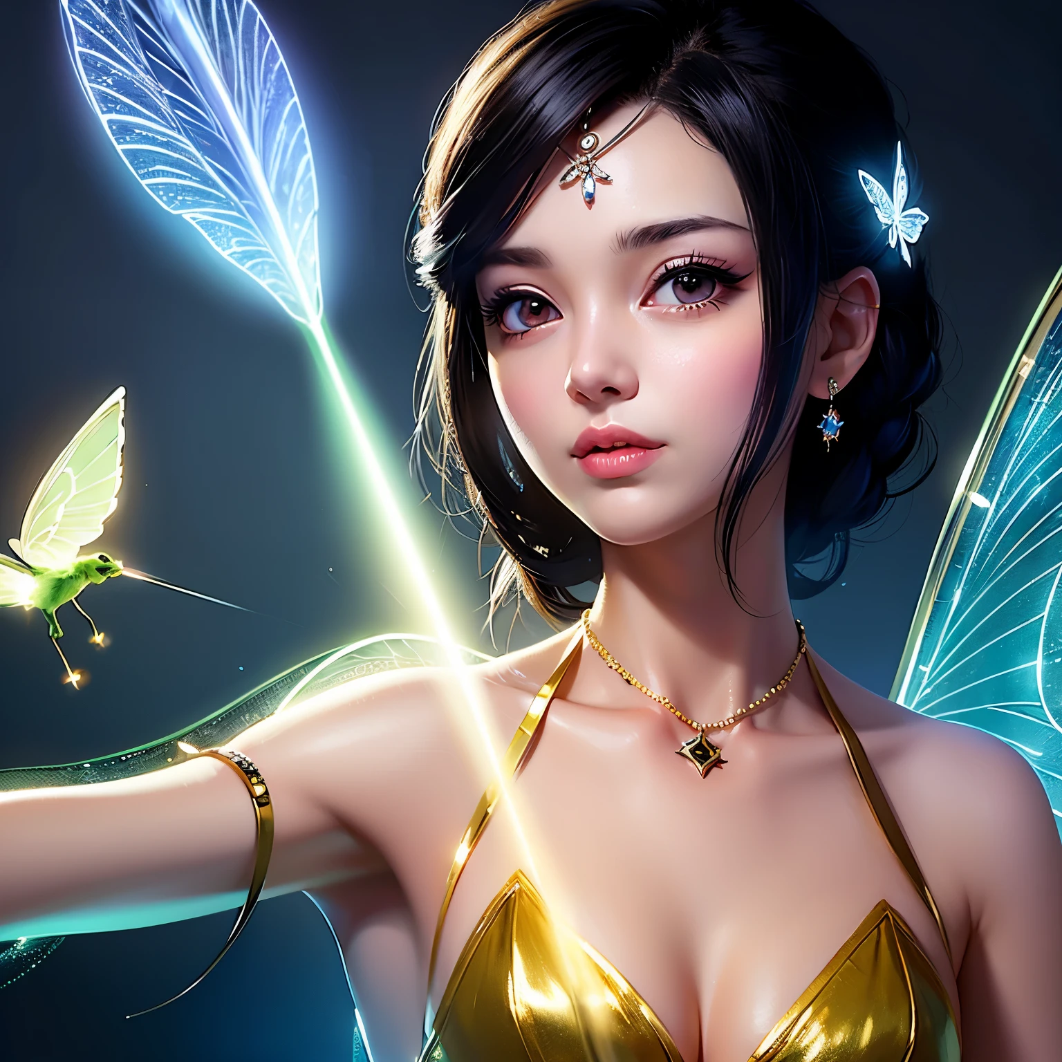 Disney face illuminated by magic lights black hair with transparent wings yellow tinkerbell style dress