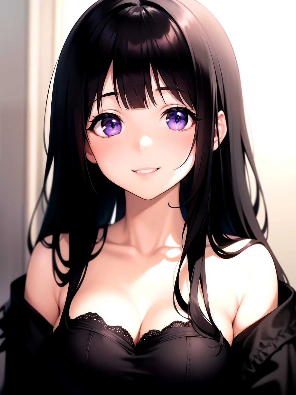 (A superb exquisite Chitanda Eru), (adult face), solo, intricate details, (finely detailed beautiful eyes: 1.2), purple eyes, long black hair, natural straight hair, straight bangs, solo, [Small_breasts: large_breasts: 0.5], normal breasts, extremely delicate, peerless beautiful girl, dreamy quality, exaggerated facial features, solid color, delicate face, bright lips, slender waist, straight curves, soft lights and shadows, super fine, 8K, HD, (masterpiece:1.4), (((sexy smile, timid smile, portrait)))