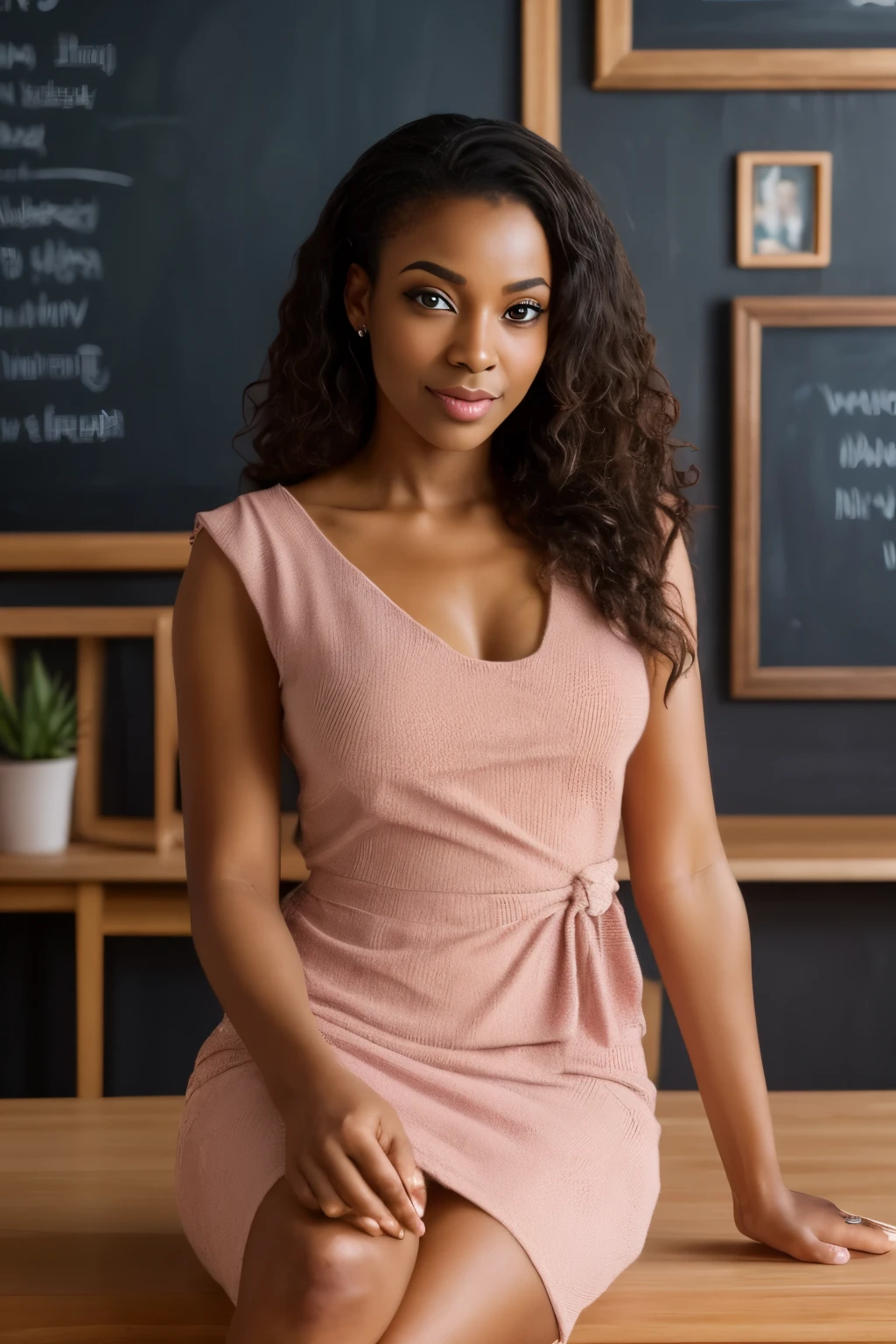 high resolution, natural lighting, vibrant colors, photorealistic, soft background, realist style, artistic portrait, blackboard in the background, dark skin mature lady wearing a pink dress with white top, seated on her desk, confident expression, precise facial features, long wavy black hair, expressive eyes, delicate makeup, attention to skin tone, heart hands, spread legs, realistic rendering of the textures, emphasis on the beauty of the subject.